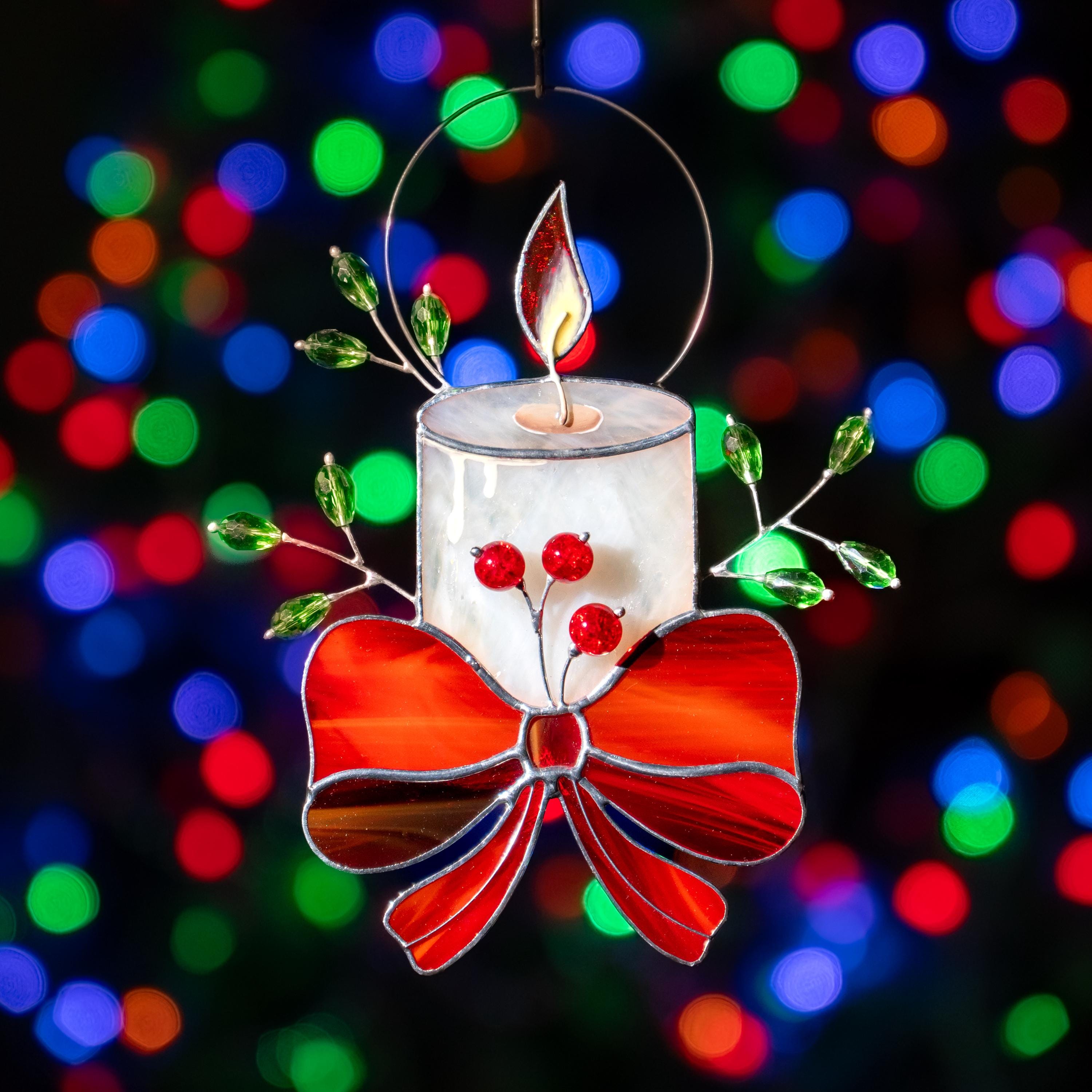 Christmas candle stained glass window hangings Handmade Christmas gift Winter candles stained glass suncatcher Home decor items aesthetic