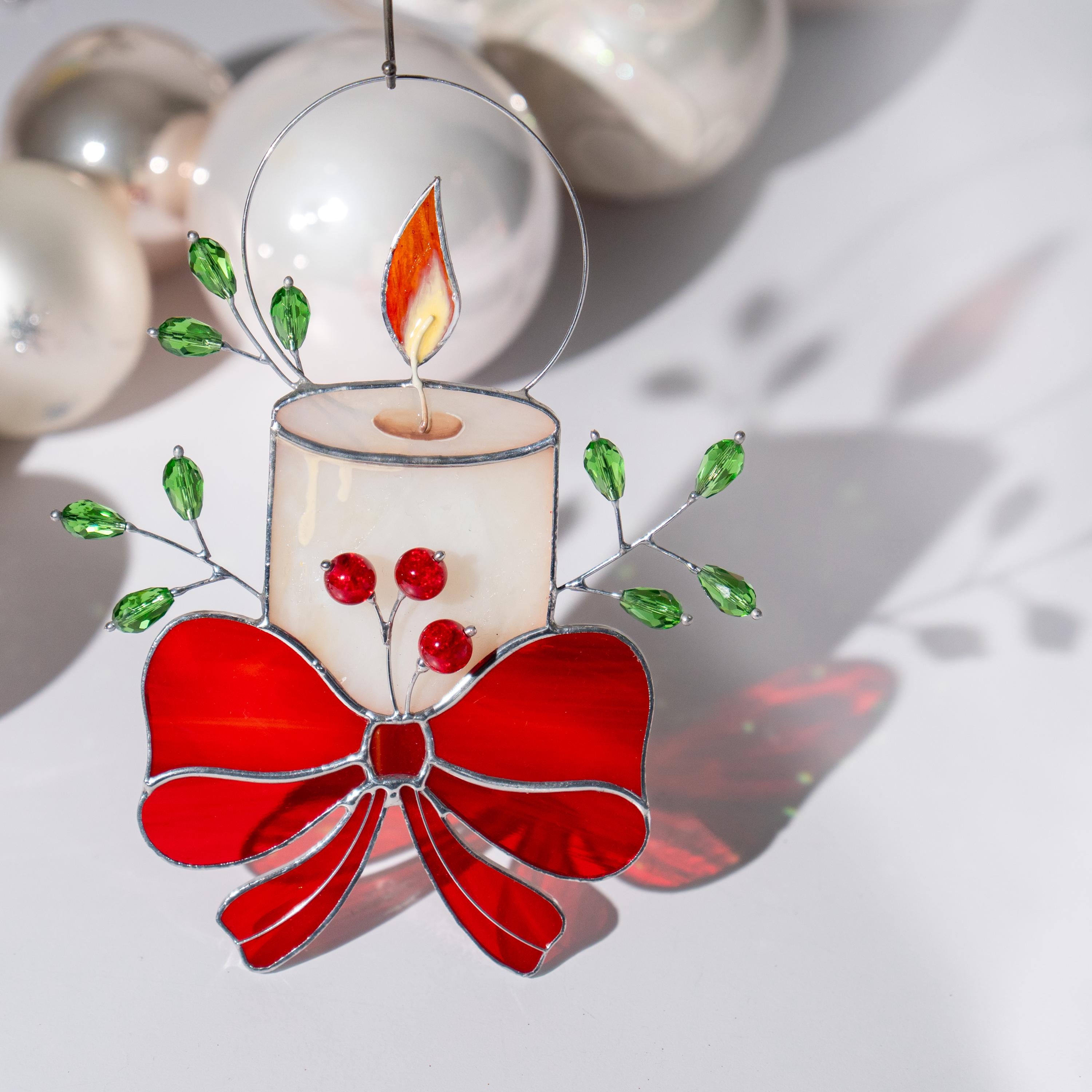 Christmas candle stained glass window hangings Handmade Christmas gift Winter candles stained glass suncatcher Home decor items aesthetic