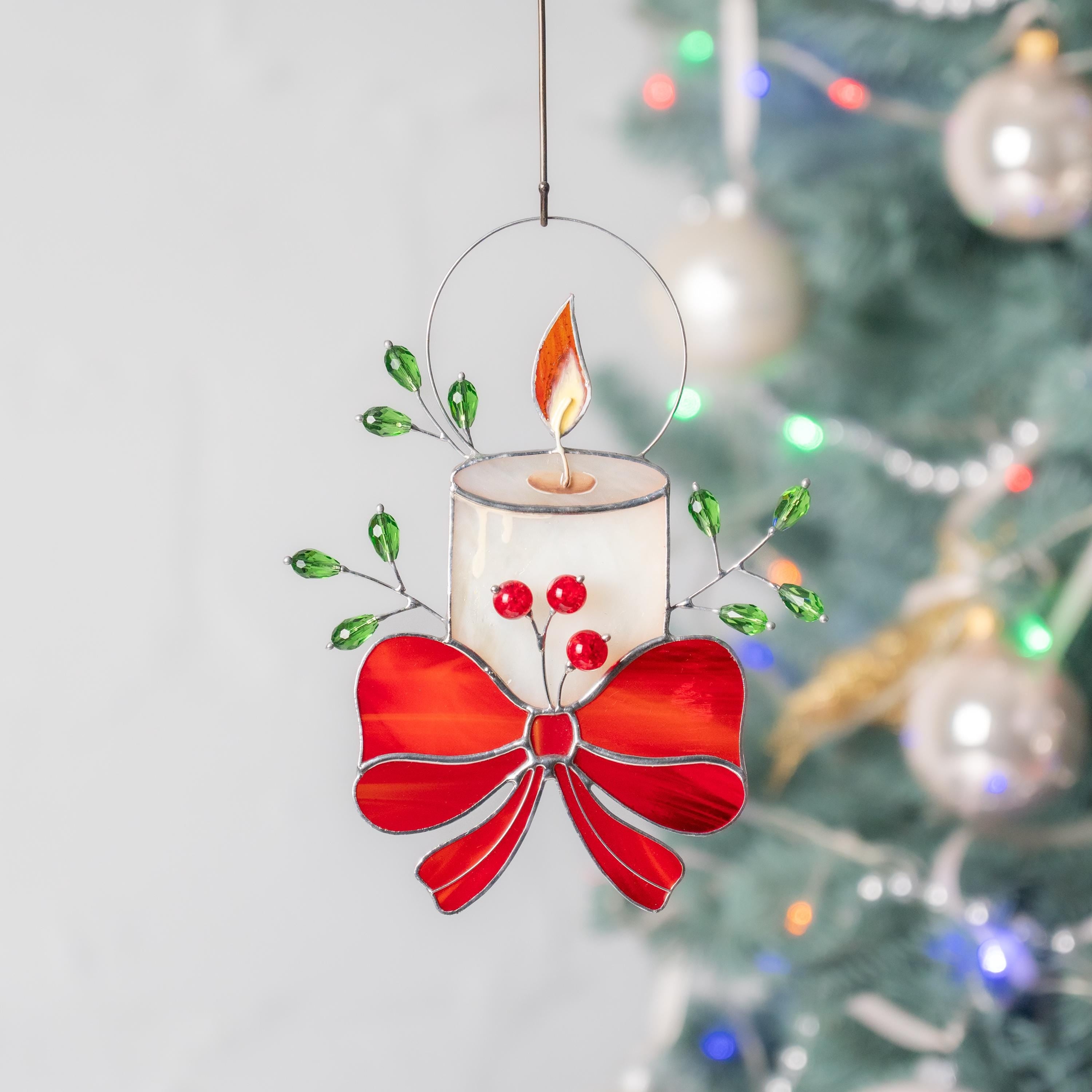 Christmas candle stained glass window hangings Handmade Christmas gift Winter candles stained glass suncatcher Home decor items aesthetic