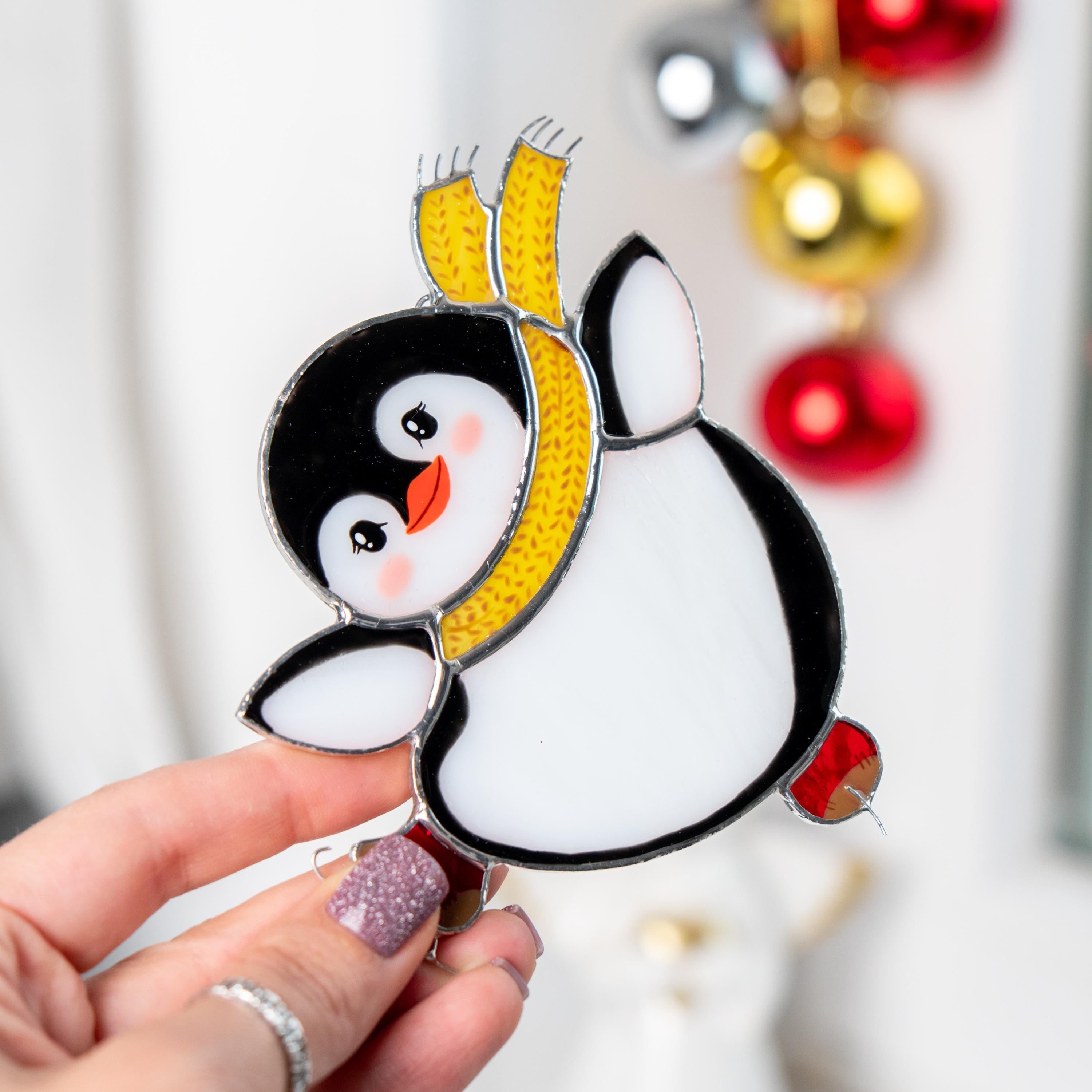 Penguin stained glass suncatcher Unique Christmas gifts Christmas ornaments handmade stained glass window hangings Penguin gift