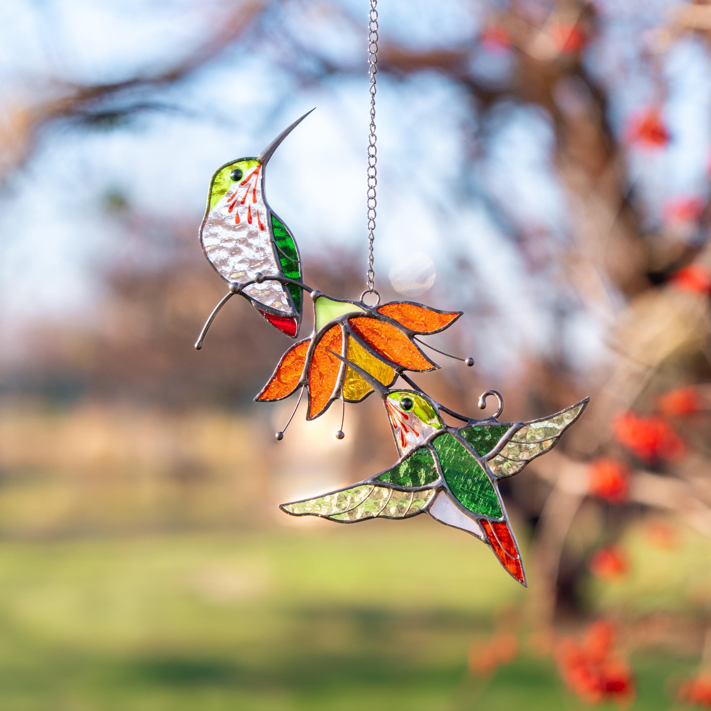 Hummingbird stained glass birds Best gift for mom Custom stained glass window hangings Fairy garden accessories
