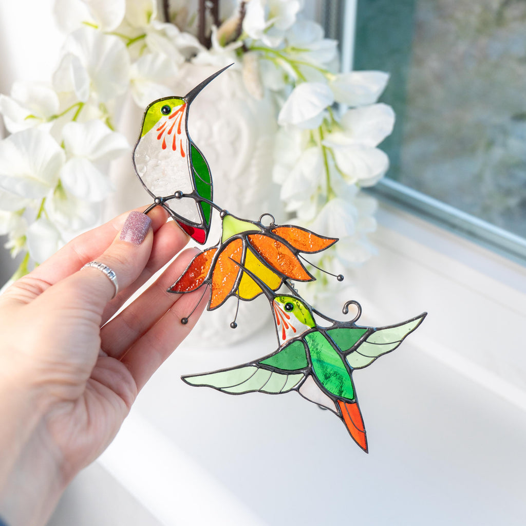 Hummingbird stained glass birds Best gift for mom Custom stained glass window hangings Fairy garden accessories