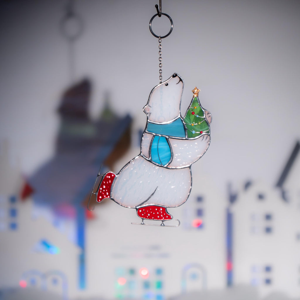 Glass Christmas ornaments stained glass window hangings Bear stained glass suncatcher Holiday hosting decor Polar bear Daughter in law gift