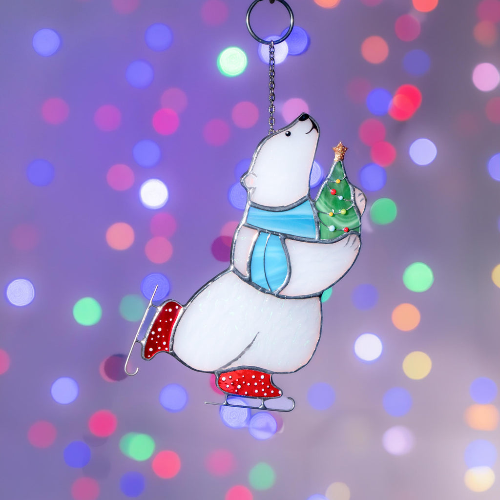 Glass Christmas ornaments stained glass window hangings Bear stained glass suncatcher Holiday hosting decor Polar bear Daughter in law gift