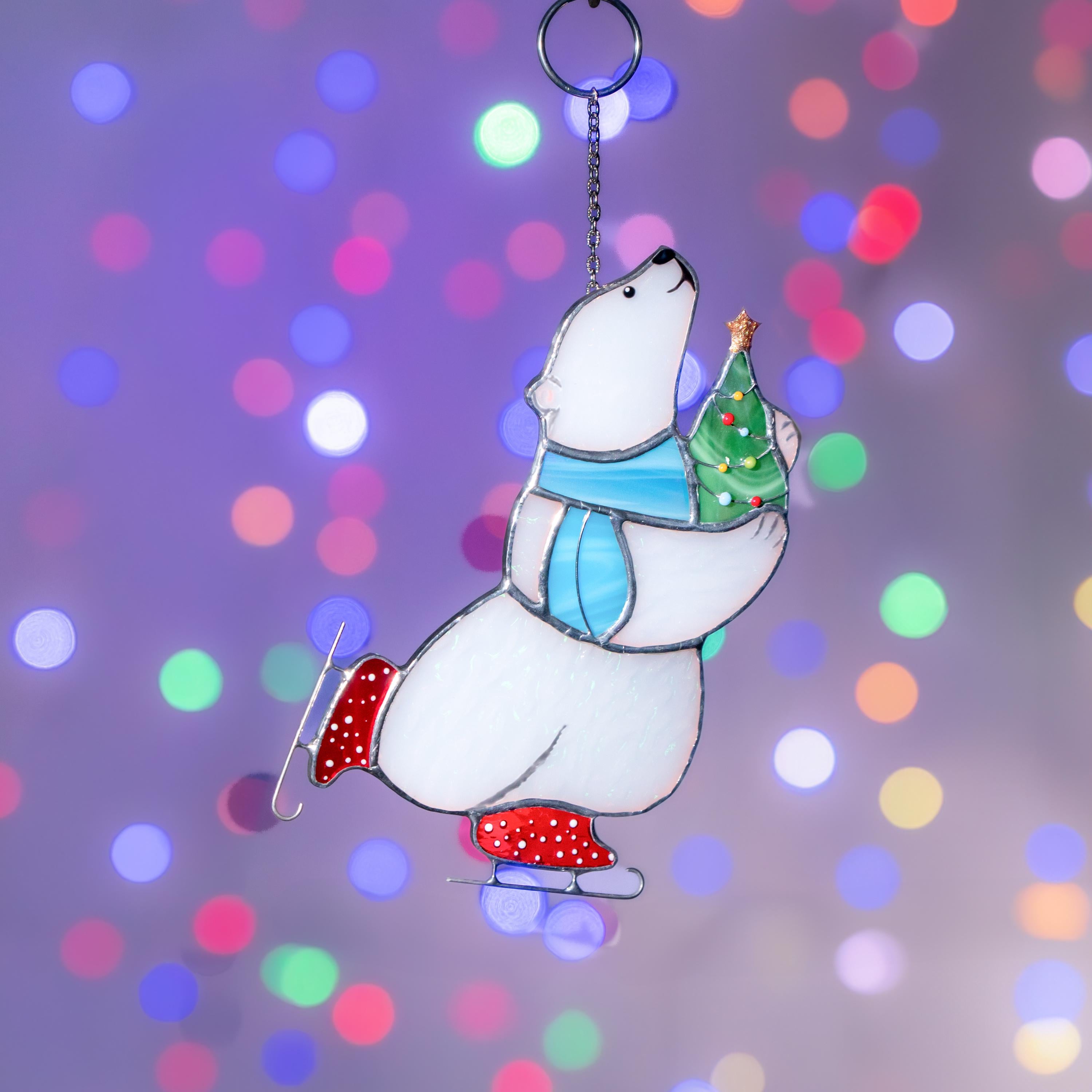 Glass Christmas ornaments stained glass window hangings Bear stained glass suncatcher Holiday hosting decor Polar bear Daughter in law gift