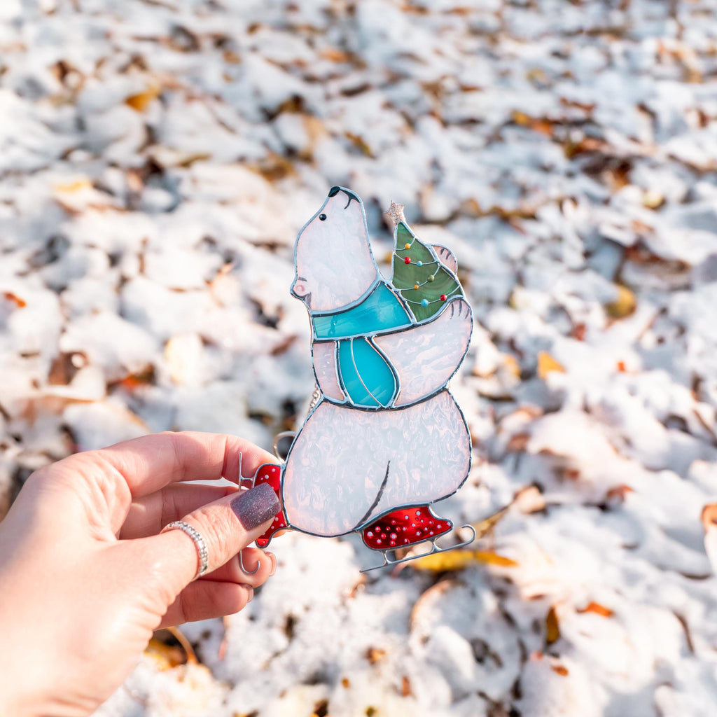 Glass Christmas ornaments stained glass window hangings Bear stained glass suncatcher Holiday hosting decor Polar bear Daughter in law gift