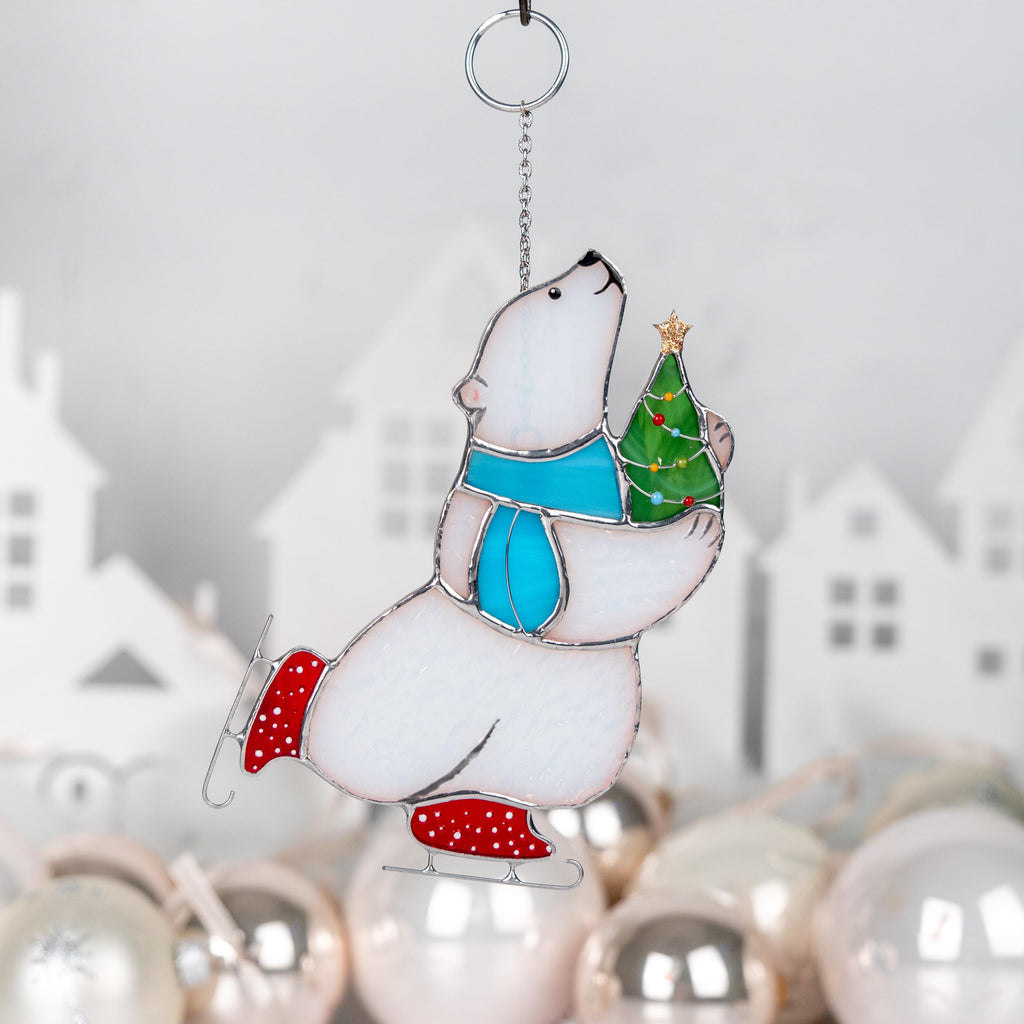 Glass Christmas ornaments stained glass window hangings Bear stained glass suncatcher Holiday hosting decor Polar bear Daughter in law gift