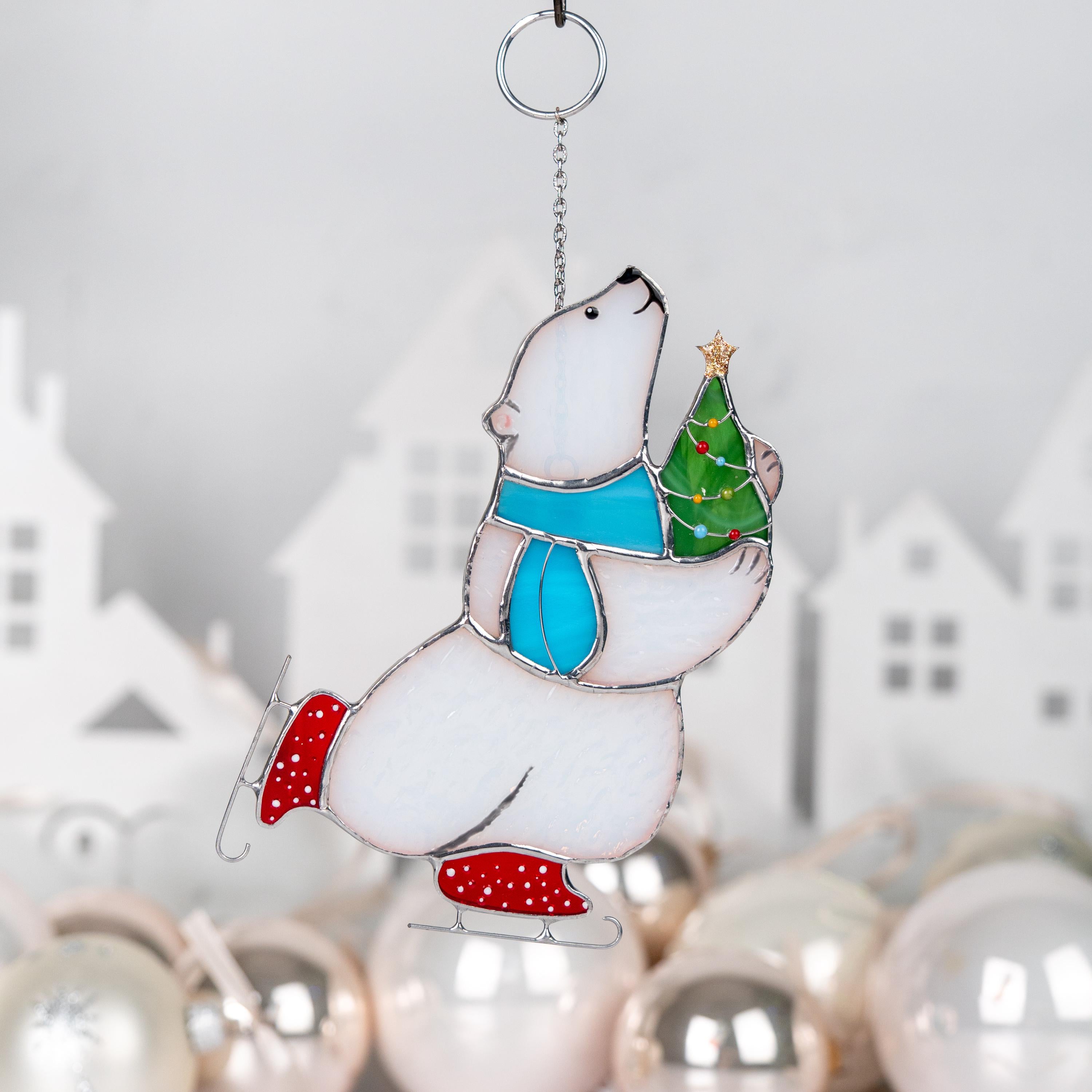 Glass Christmas ornaments stained glass window hangings Bear stained glass suncatcher Holiday hosting decor Polar bear Daughter in law gift
