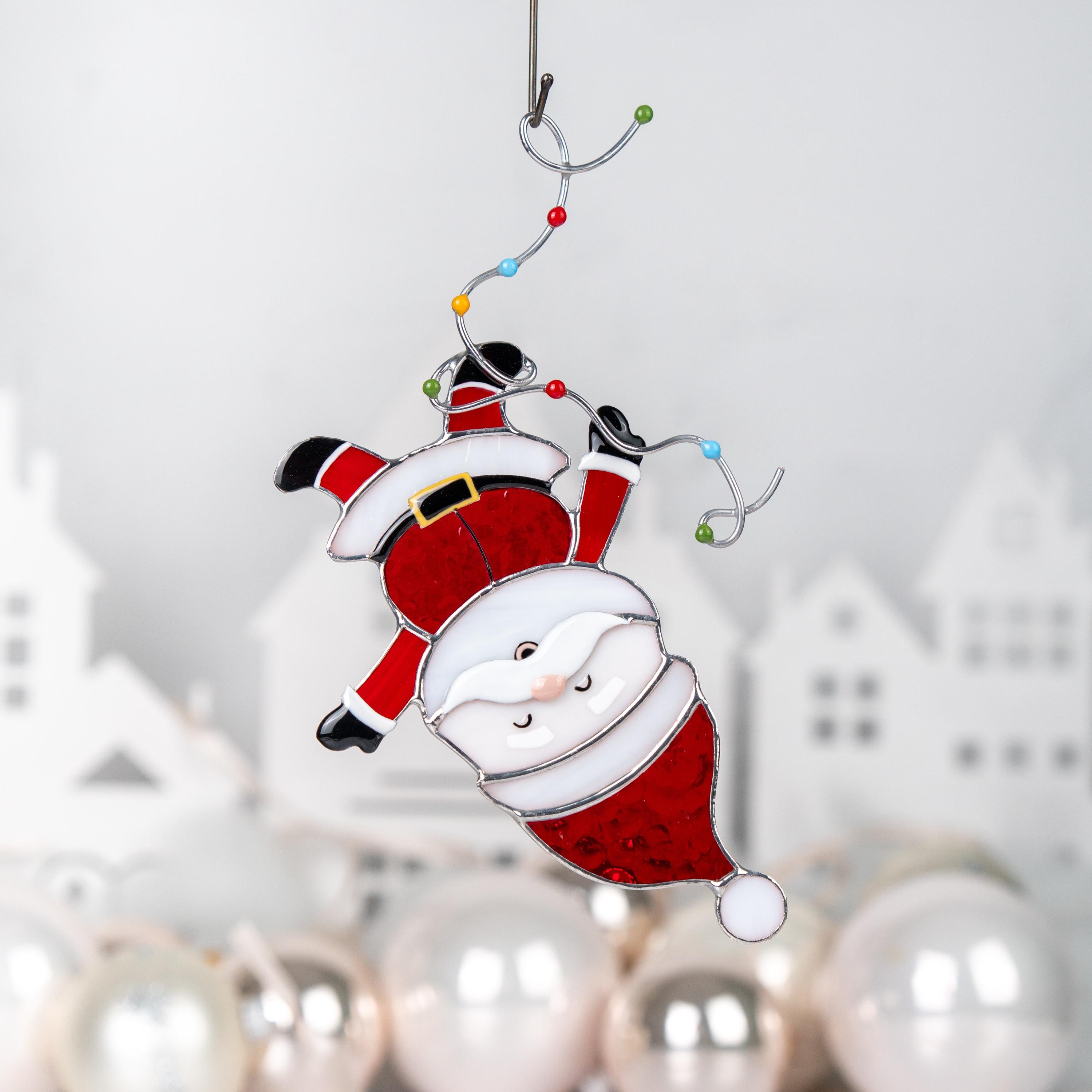 Santa ornament stained glass suncatcher Grandpa gift Secret Santa gifts stained glass window hangings Winter decor Christmas artwork
