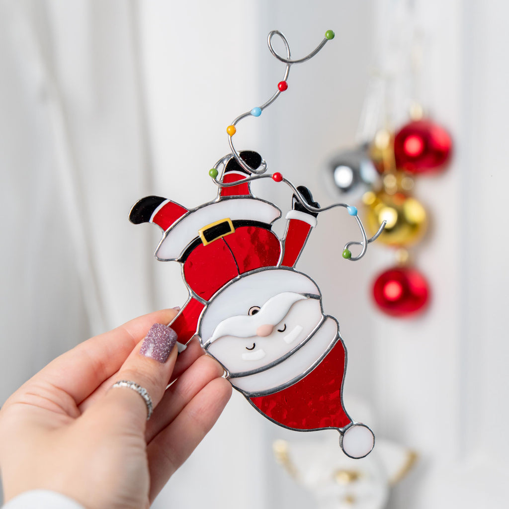 Santa ornament stained glass suncatcher Grandpa gift Secret Santa gifts stained glass window hangings Winter decor Christmas artwork