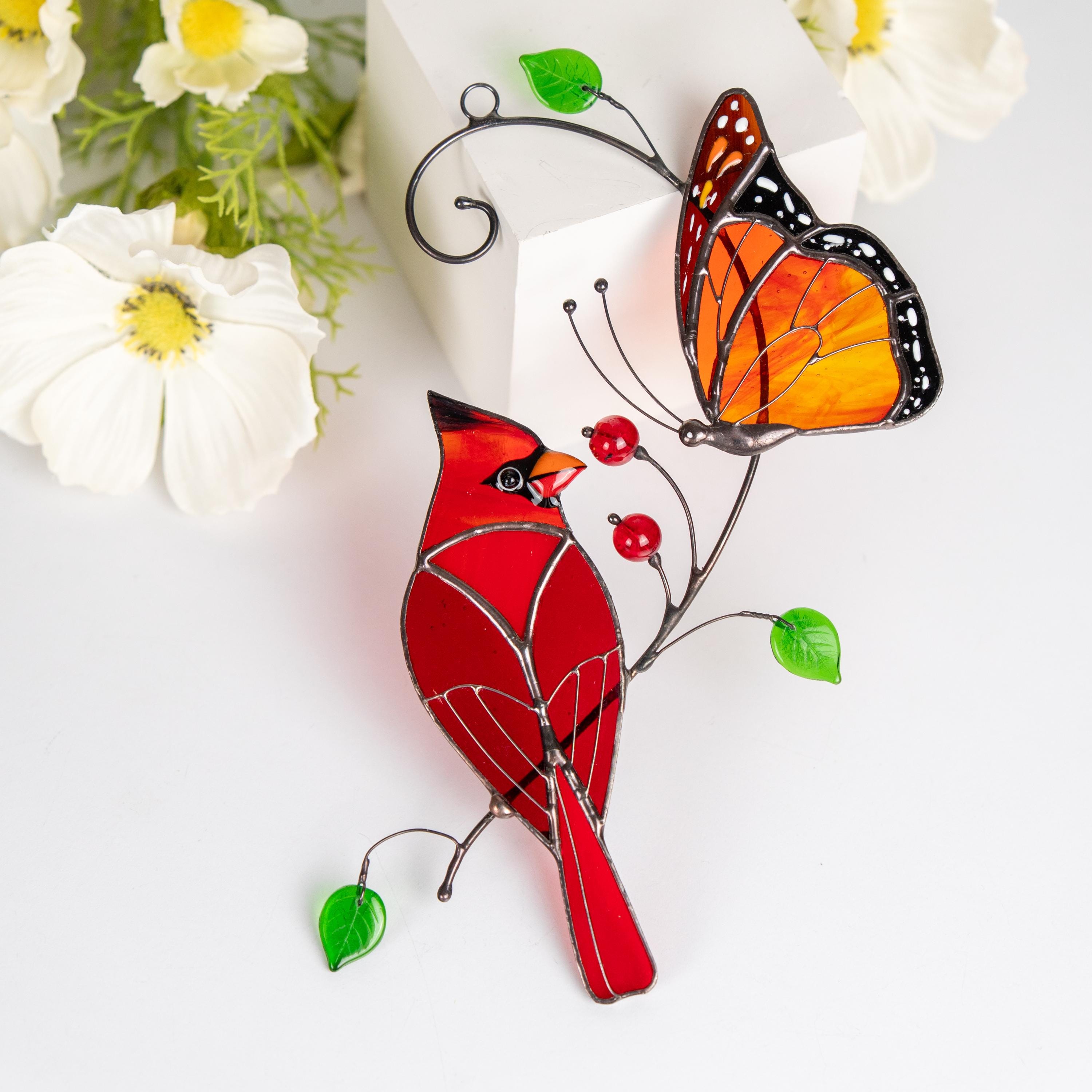 Butterfly artwork Custom stained glass cardinal memorial ornament Fathers day gifts Stained glass window hangings Monarch butterfly