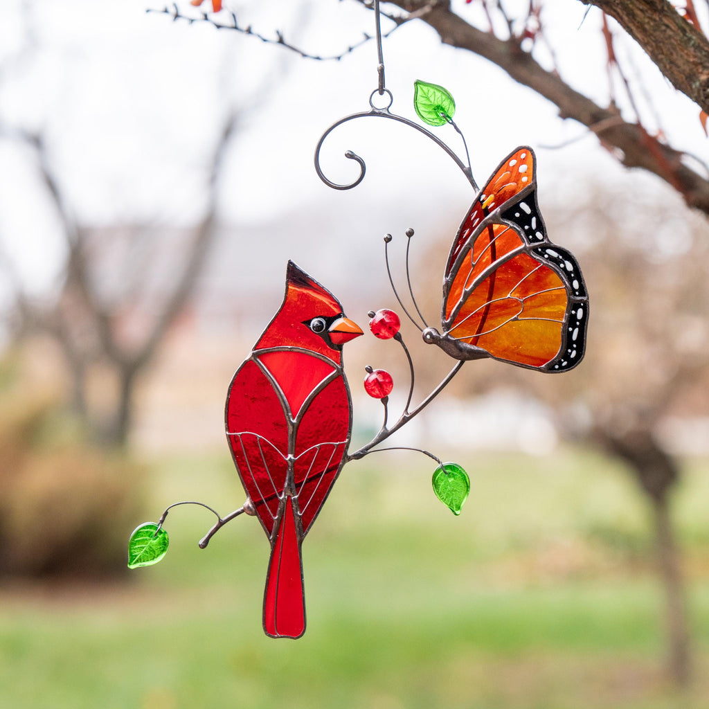 Cardinal stained glass memorial suncatcher Godmother gift Monarch butterfly stained glass window hangings Garden stakes New home gift