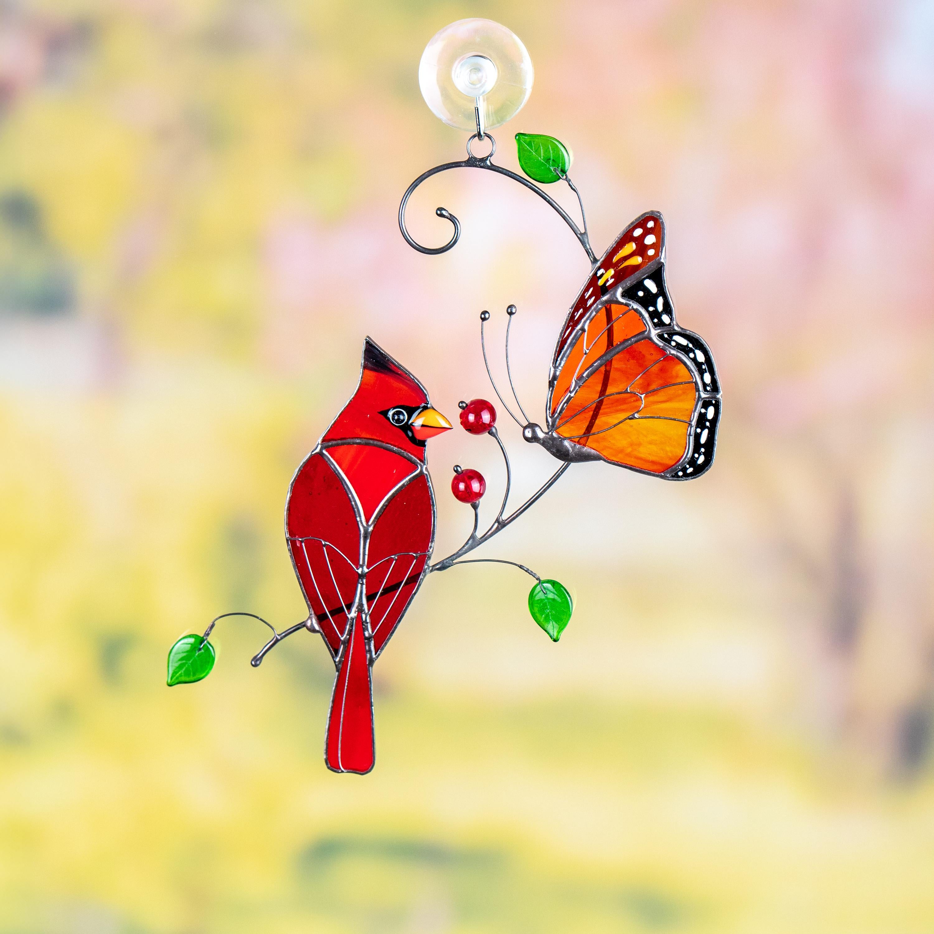 Cardinal stained glass memorial suncatcher Godmother gift Monarch butterfly stained glass window hangings Garden stakes New home gift