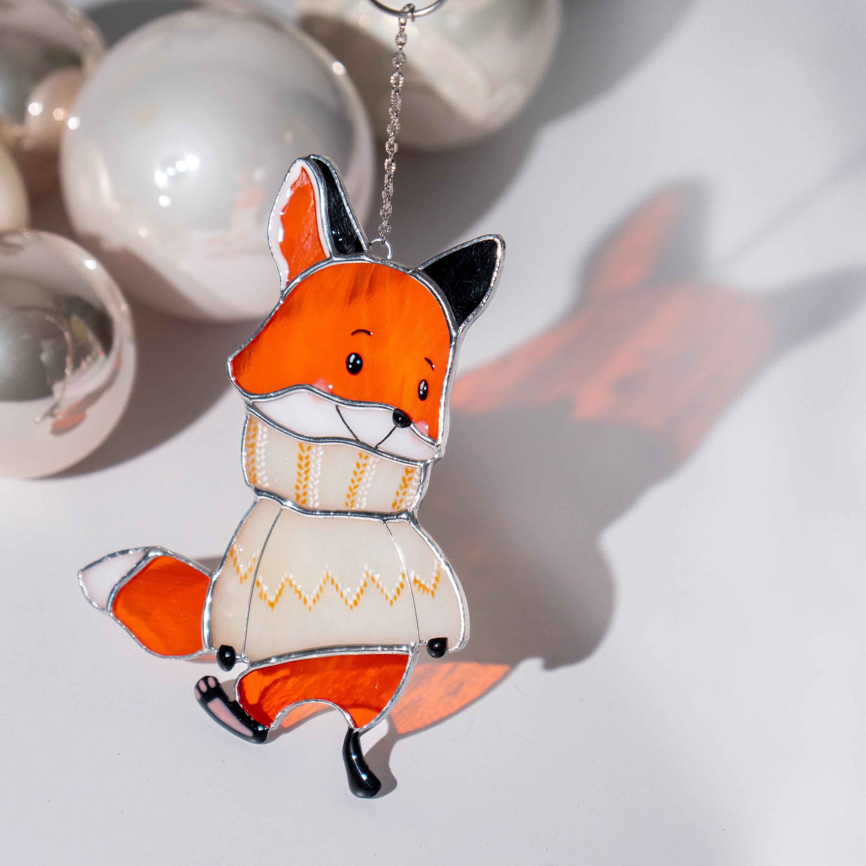 Fox gifts stained glass window hangings Christmas gifts mom Fox stained glass suncatcher Holiday hosting decor Fox family tree ornament