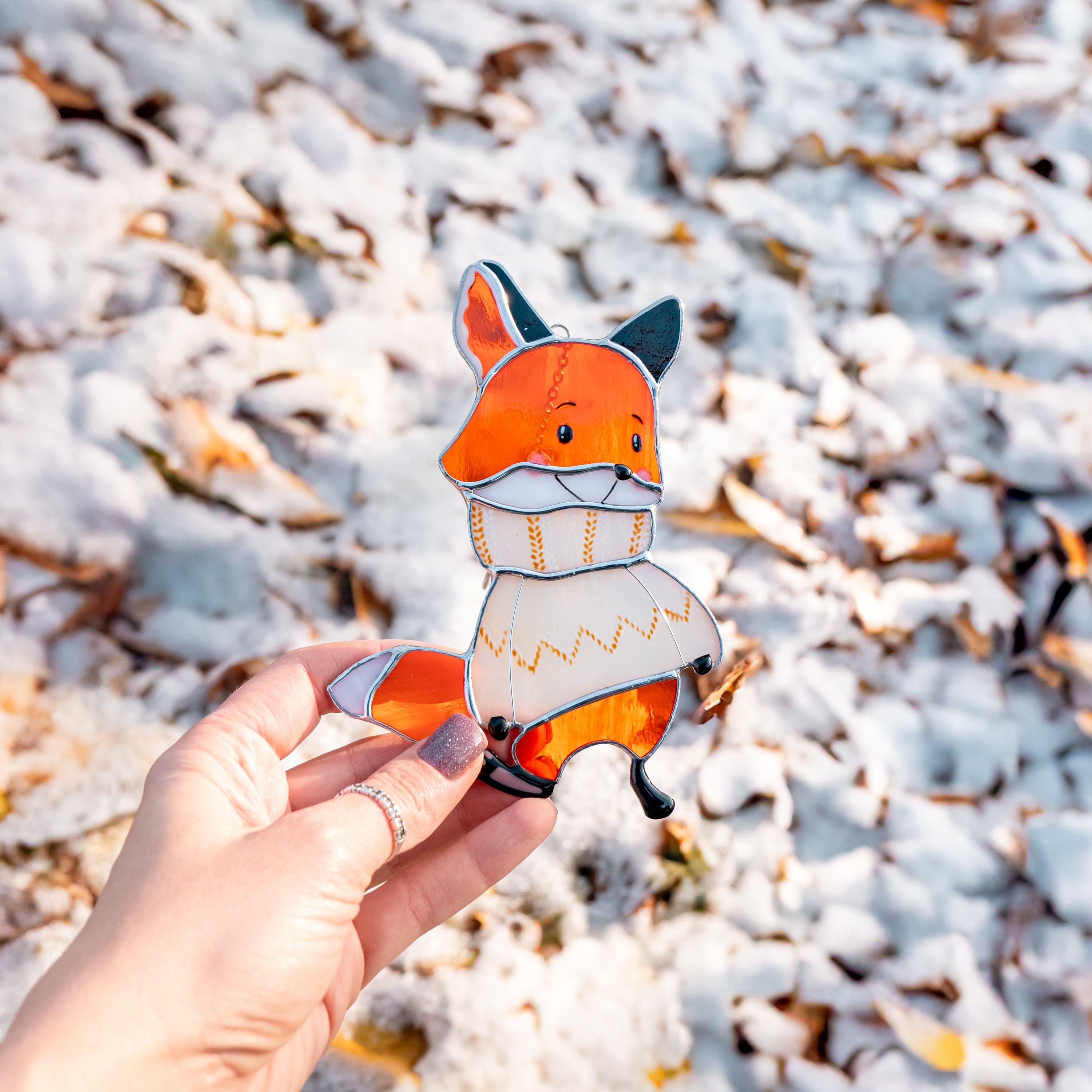 Fox gifts stained glass window hangings Christmas gifts mom Fox stained glass suncatcher Holiday hosting decor Fox family tree ornament