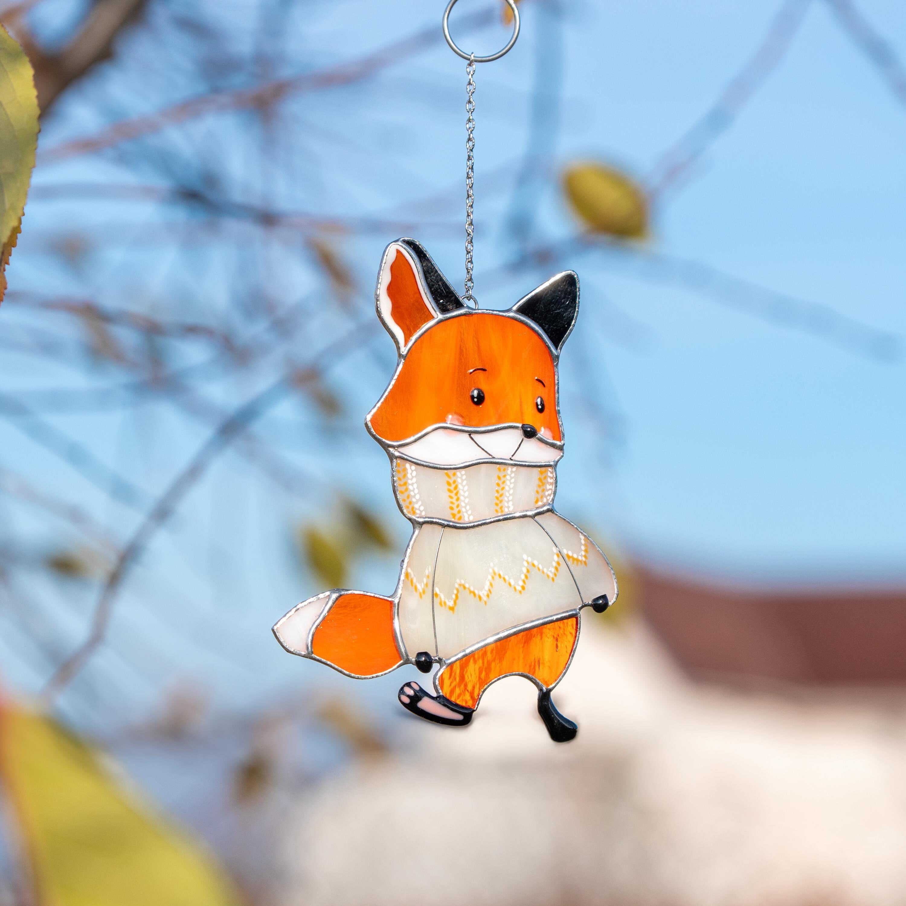 Fox gifts stained glass window hangings Christmas gifts mom Fox stained glass suncatcher Holiday hosting decor Fox family tree ornament