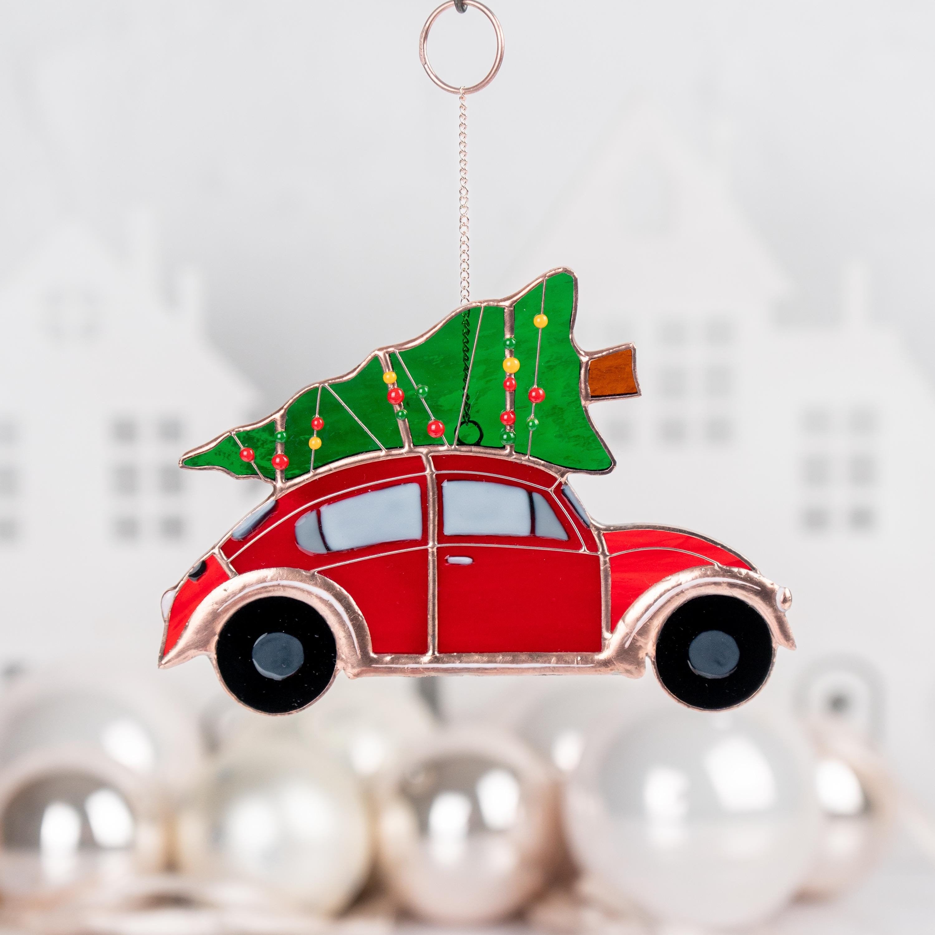 Christmas tree ornaments stained glass window hangings Car art stained glass ornament Holiday hosting decor Car gifts stained glass art
