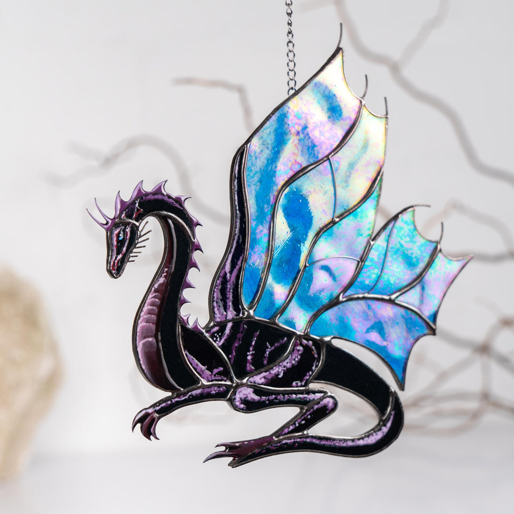 Stained glass dragon ornament Mythical creatures Custom stained glass window hangings Big sister gift Modern stained glass ornament