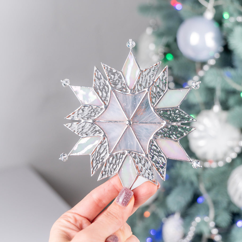 Custom stained glass ornament Holiday hosting decor Stained glass snowflake suncatcher Modern stained glass window hangings