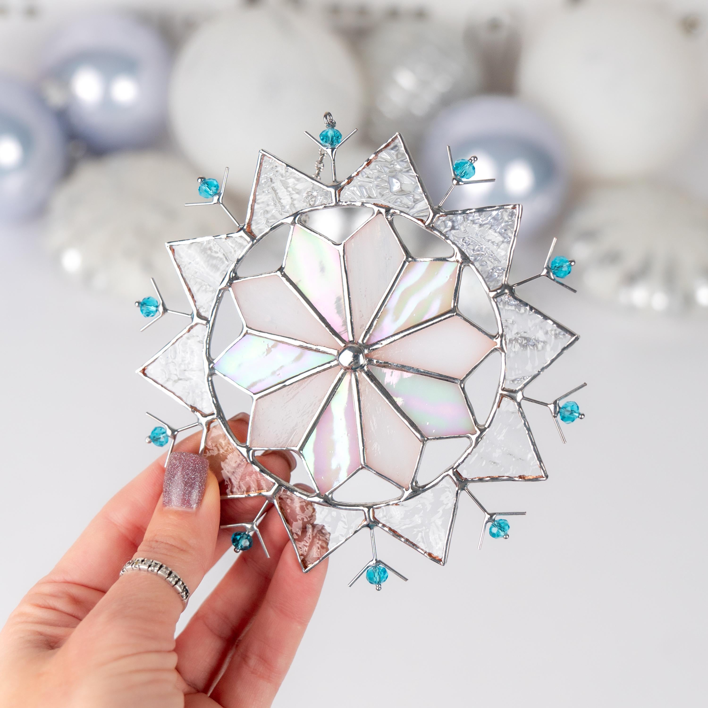 Snowflakes stained glass sun catchers Grandparent gifts for Christmas Snowflake art stained glass window hangings Handmade Christmas gift