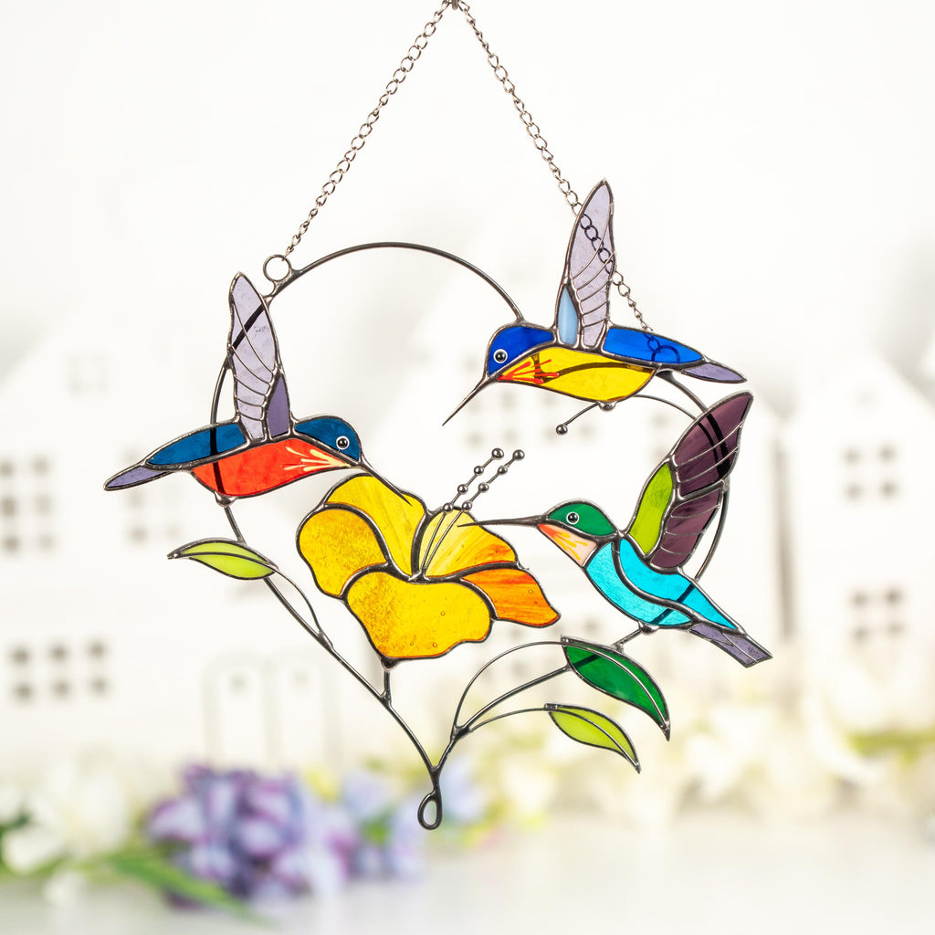Stained glass hummingbird suncatcher Gifts for grandma Custom stained glass window hangings Hummingbird gifts Hibiscus plant