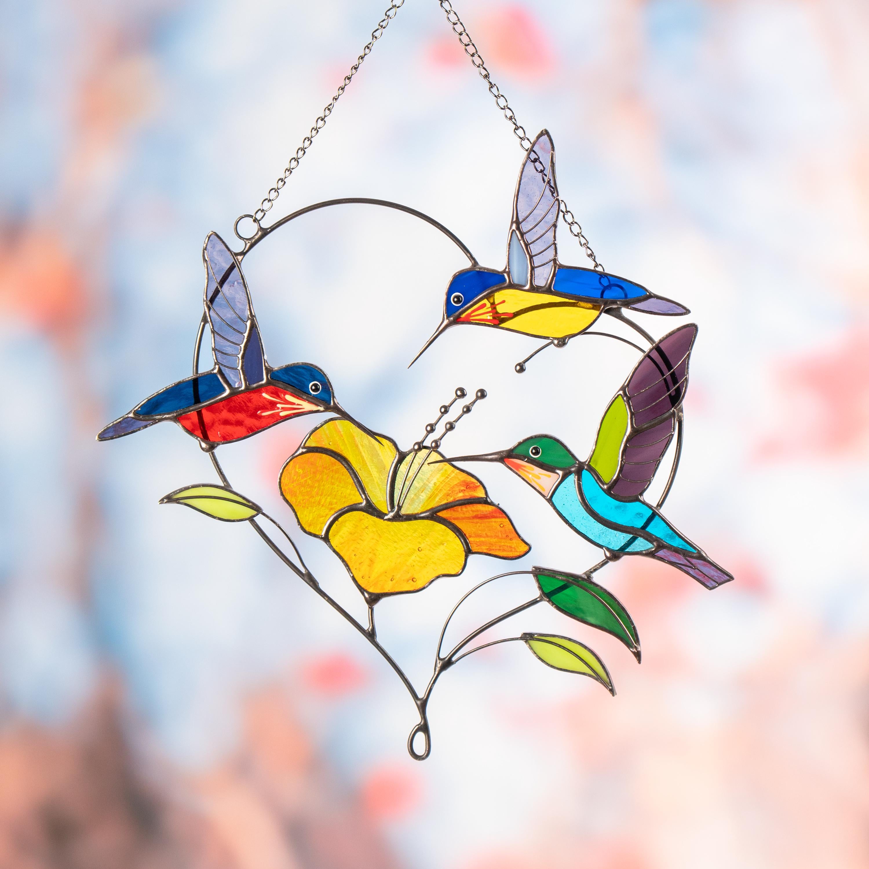 Stained glass hummingbird suncatcher Gifts for grandma Custom stained glass window hangings Hummingbird gifts Hibiscus plant