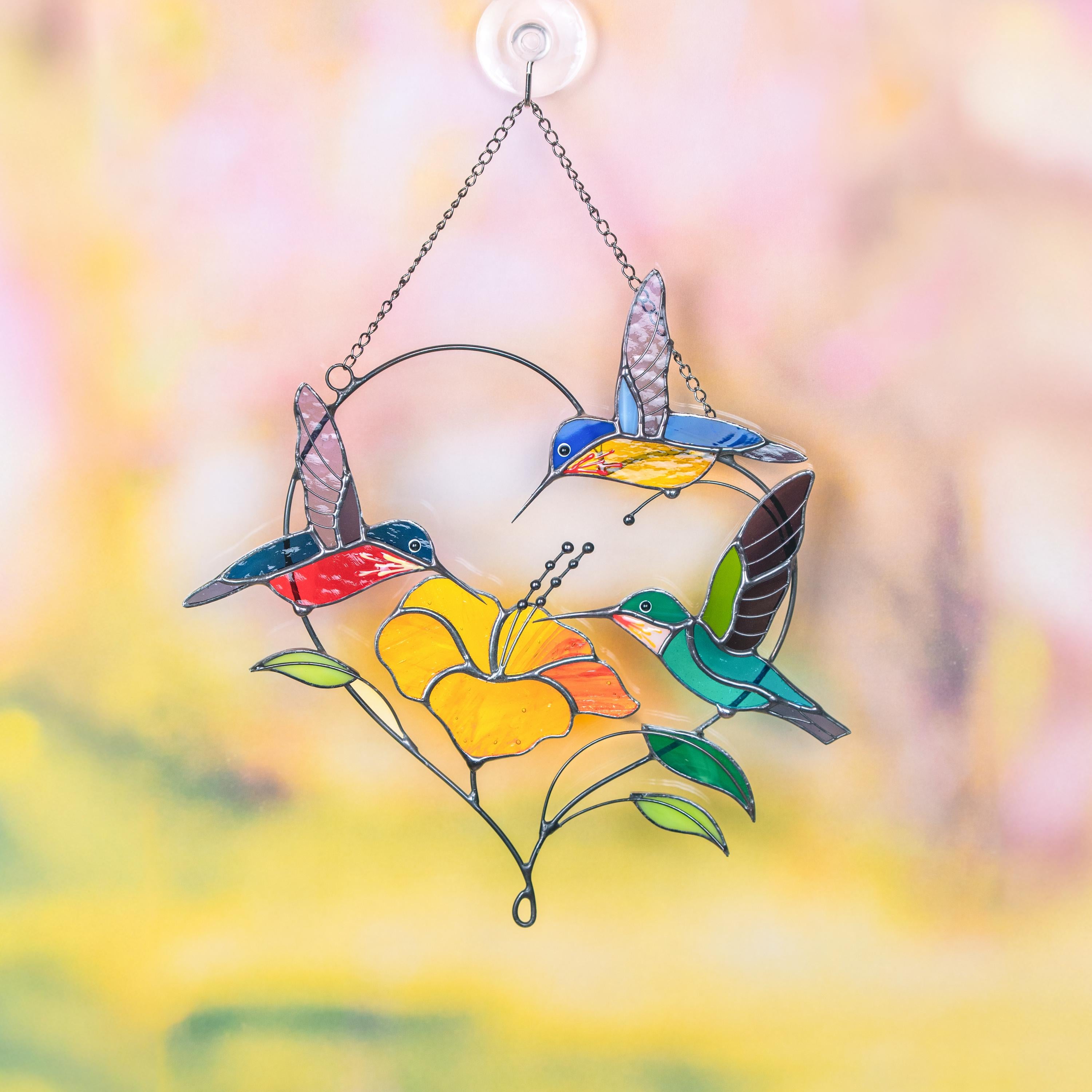 Stained glass hummingbird suncatcher Gifts for grandma Custom stained glass window hangings Hummingbird gifts Hibiscus plant