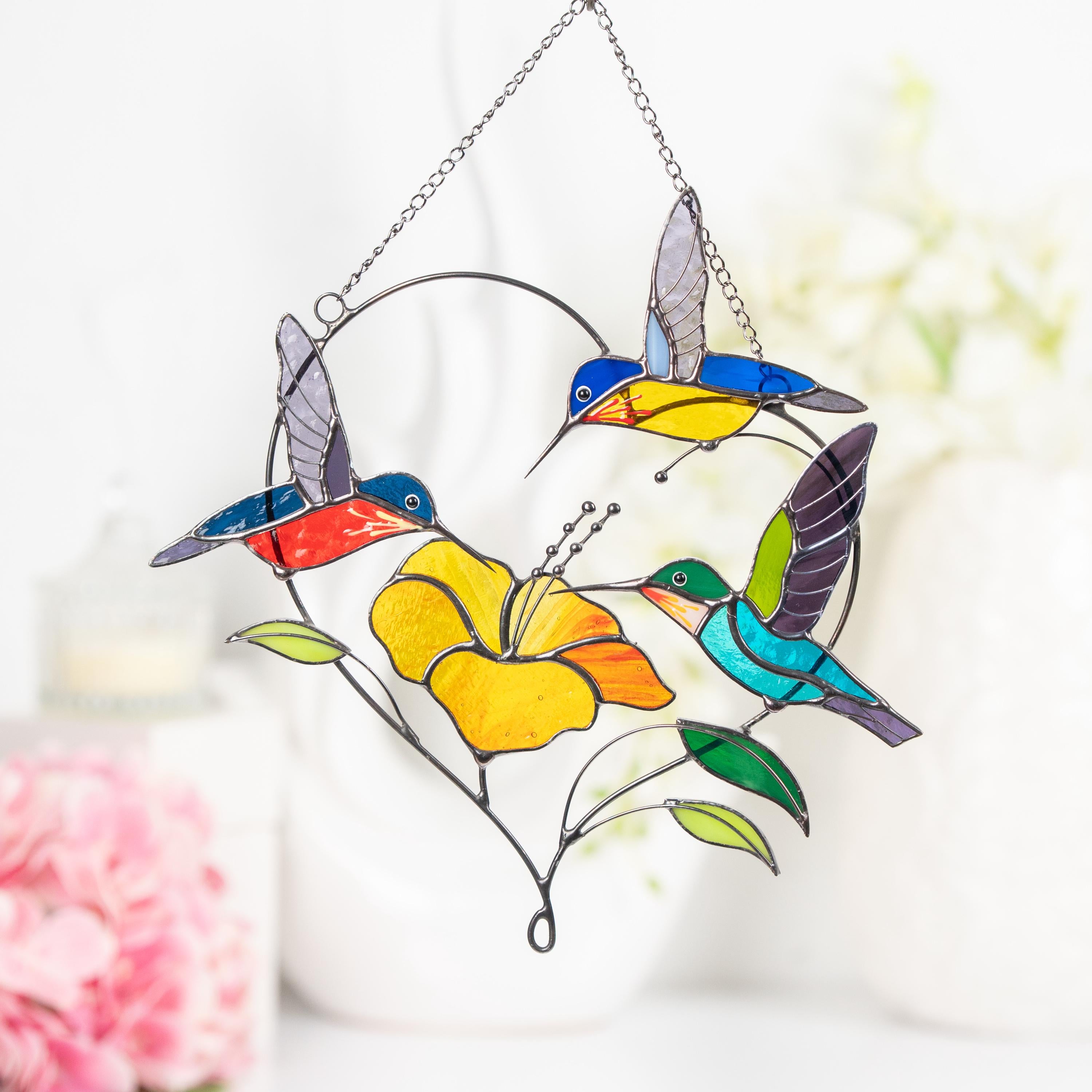 Stained glass hummingbird suncatcher Gifts for grandma Custom stained glass window hangings Hummingbird gifts Hibiscus plant