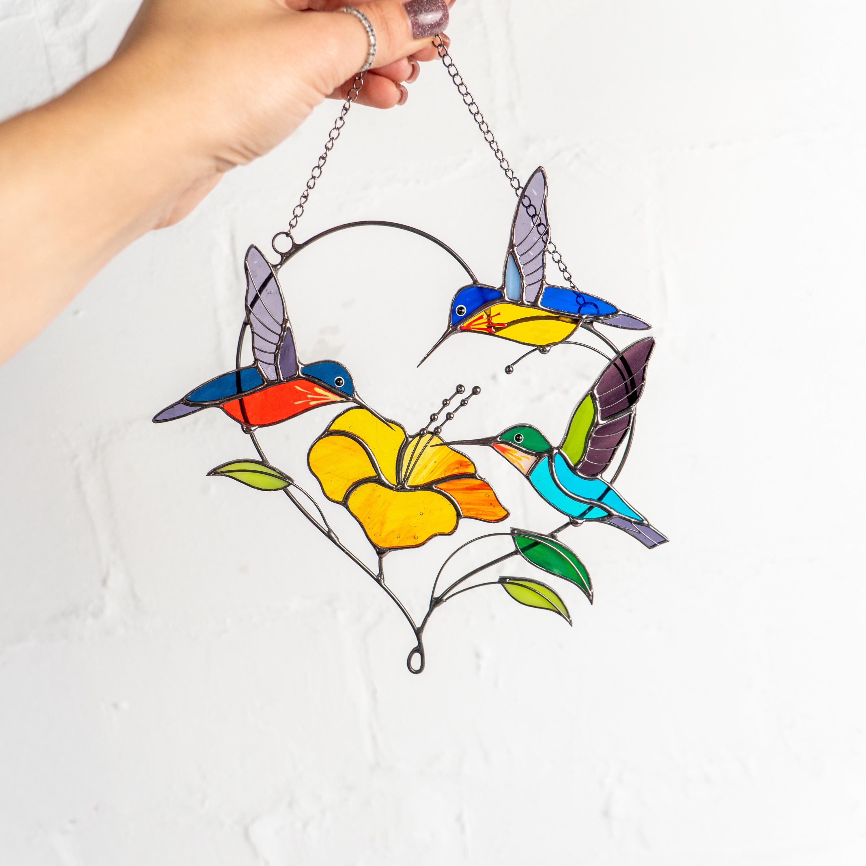 Stained glass hummingbird suncatcher Gifts for grandma Custom stained glass window hangings Hummingbird gifts Hibiscus plant