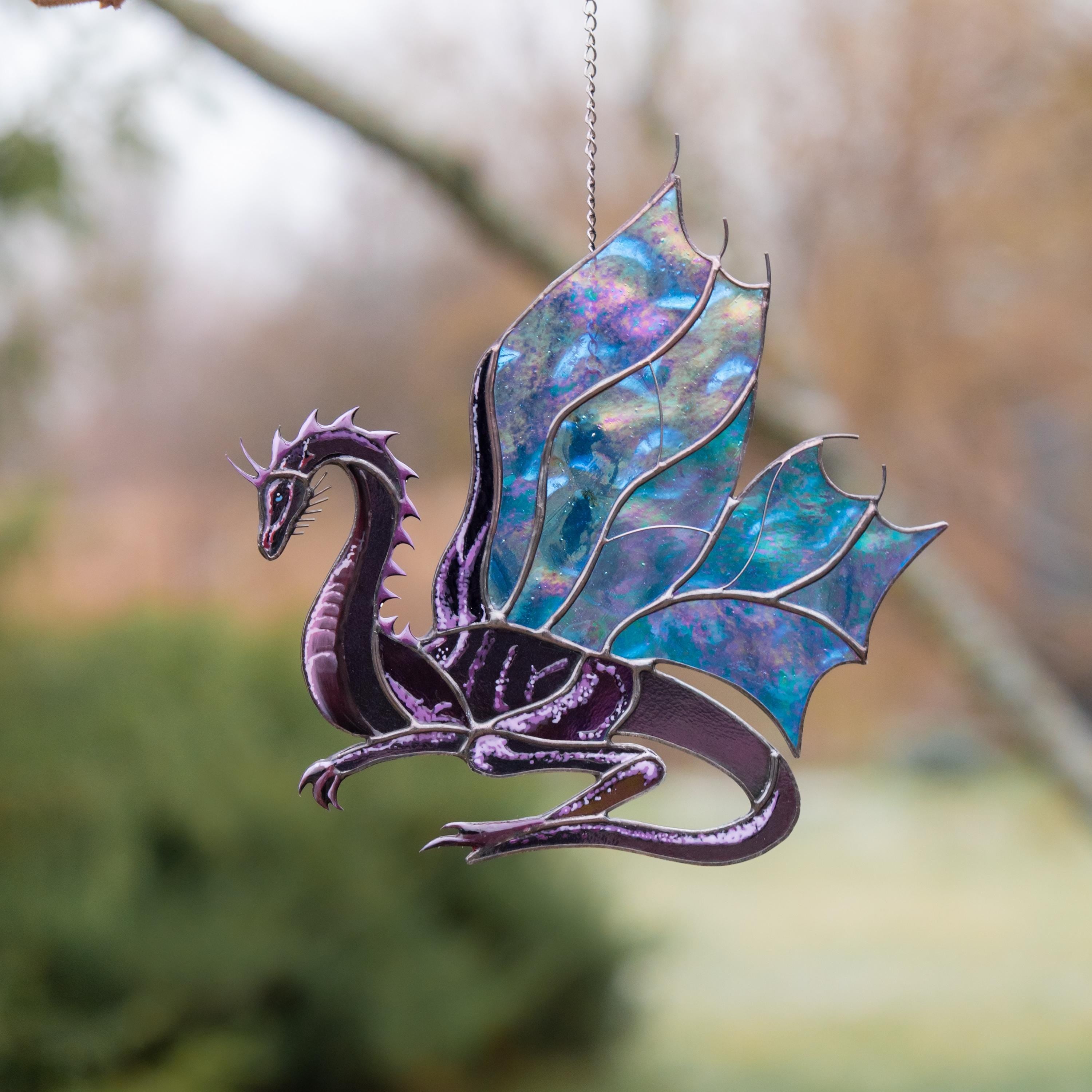 Stained glass dragon ornament Mythical creatures Custom stained glass window hangings Big sister gift Modern stained glass ornament