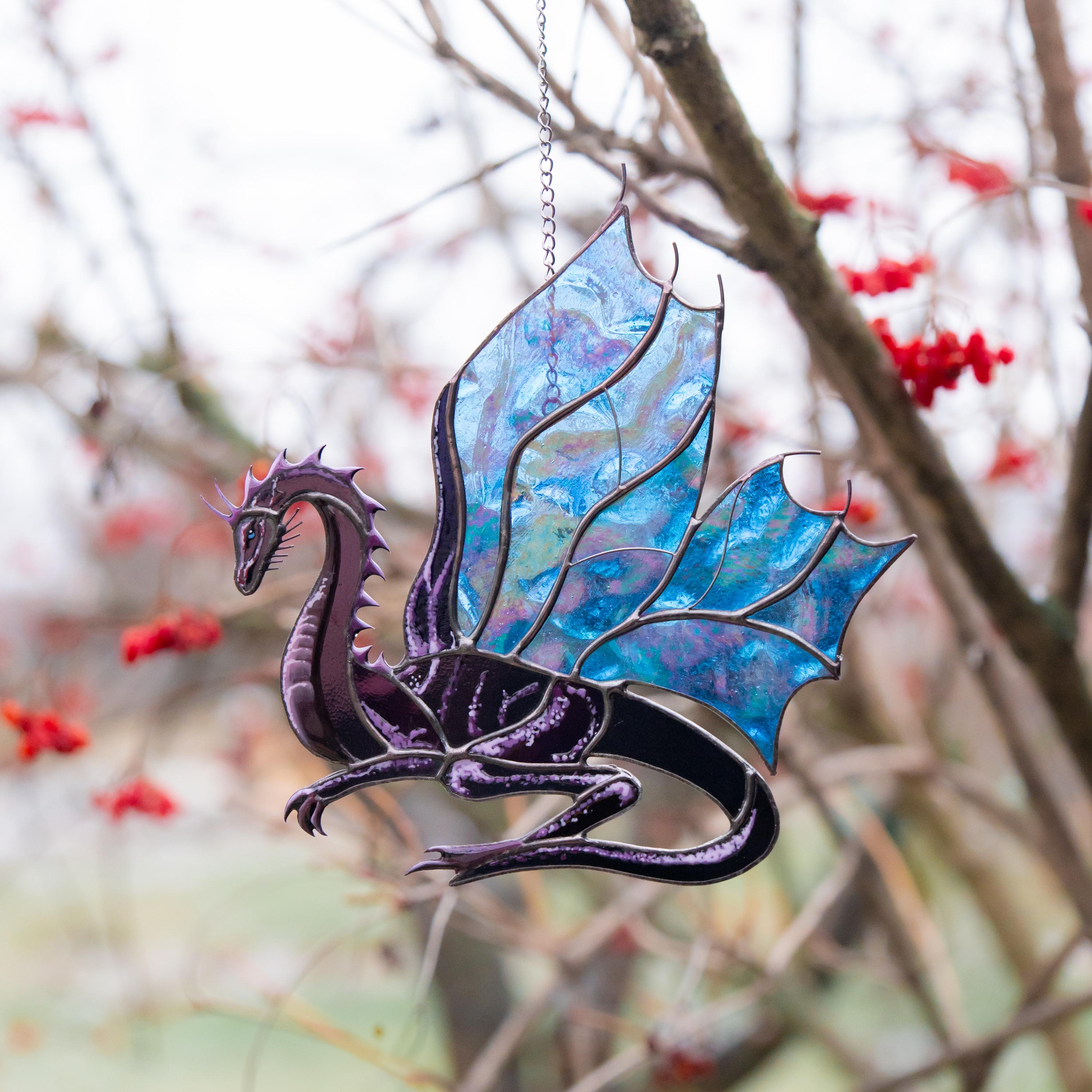 Stained glass dragon ornament Mythical creatures Custom stained glass window hangings Big sister gift Modern stained glass ornament