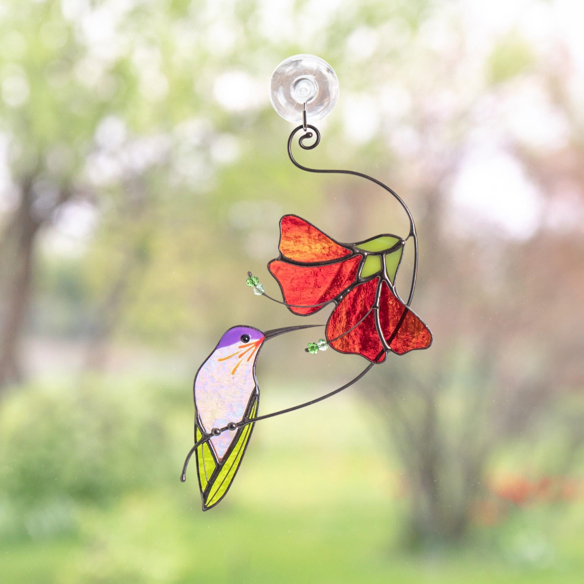 Hummingbird stained glass sun catcher Grandma gifts Flower stained glass window hangings Gift for dad