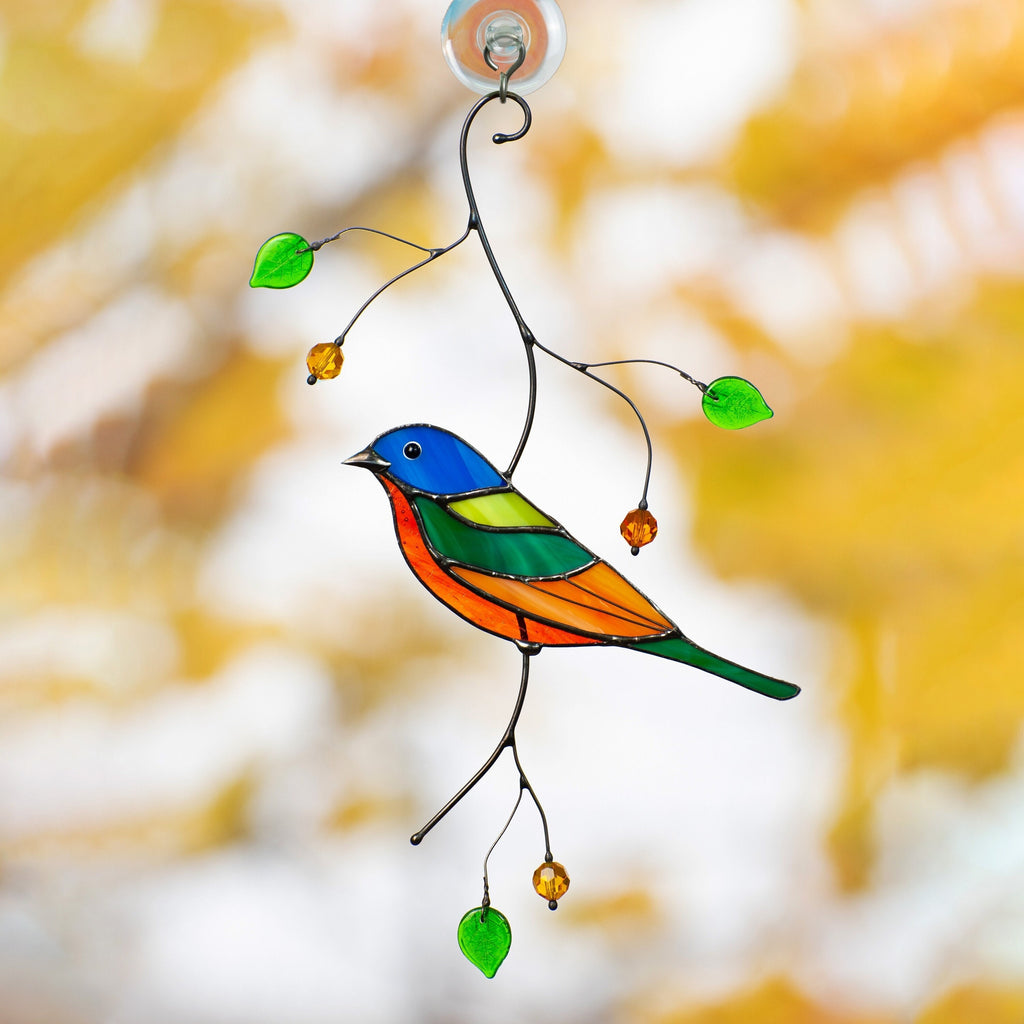 Stained glass bird suncatcher Mother in law gifts Painted bunting bird Modern stained glass window hangings