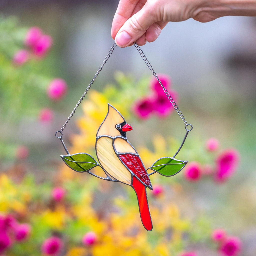 Stained glass cardinal bird Gift for dad Custom stained glass cardinal memorial ornament Stained glass window hangings Garden decoration