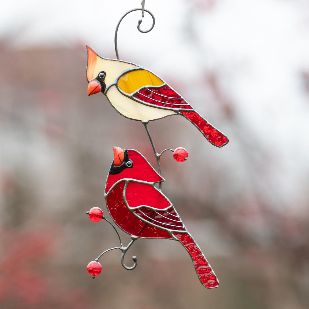Stained glass cardinal ornament Best gift for mom Cardinal stained glass window hangings Garden art Modern stained glass bird suncatcher