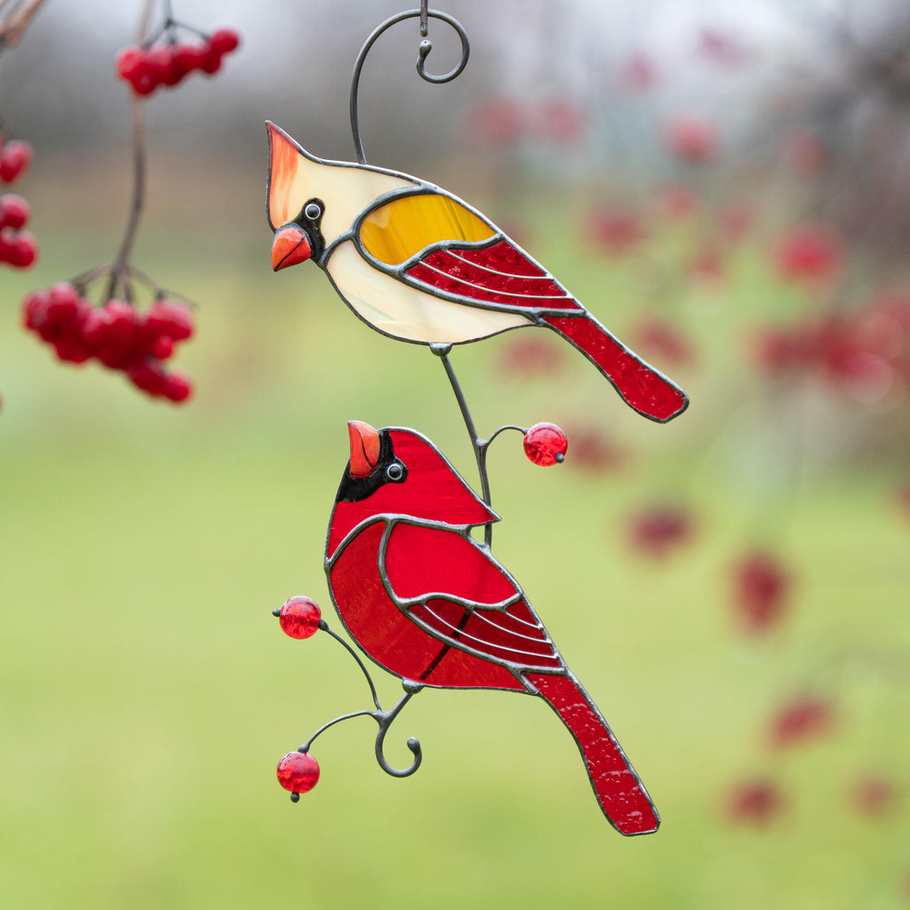 Stained glass cardinal ornament Best gift for mom Cardinal stained glass window hangings Garden art Modern stained glass bird suncatcher