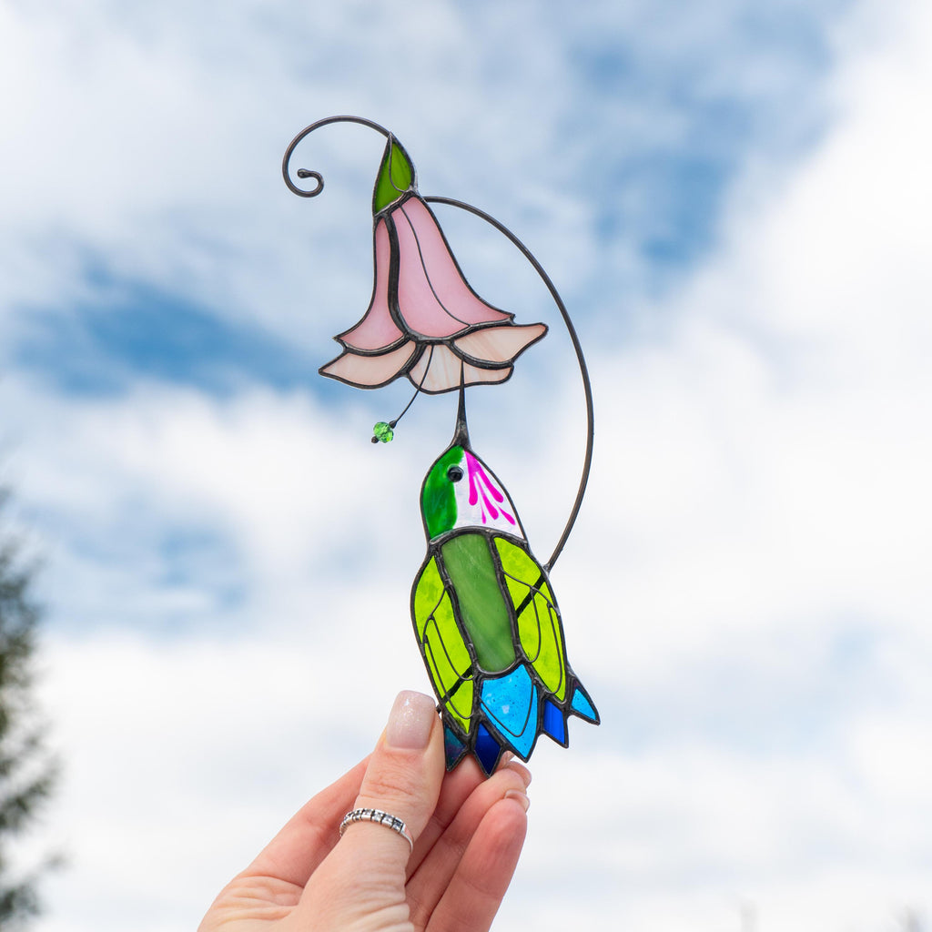 Hummingbird stained glass flower Daughter in law gift Custom stained glass hummingbird suncatcher Modern stained glass bird