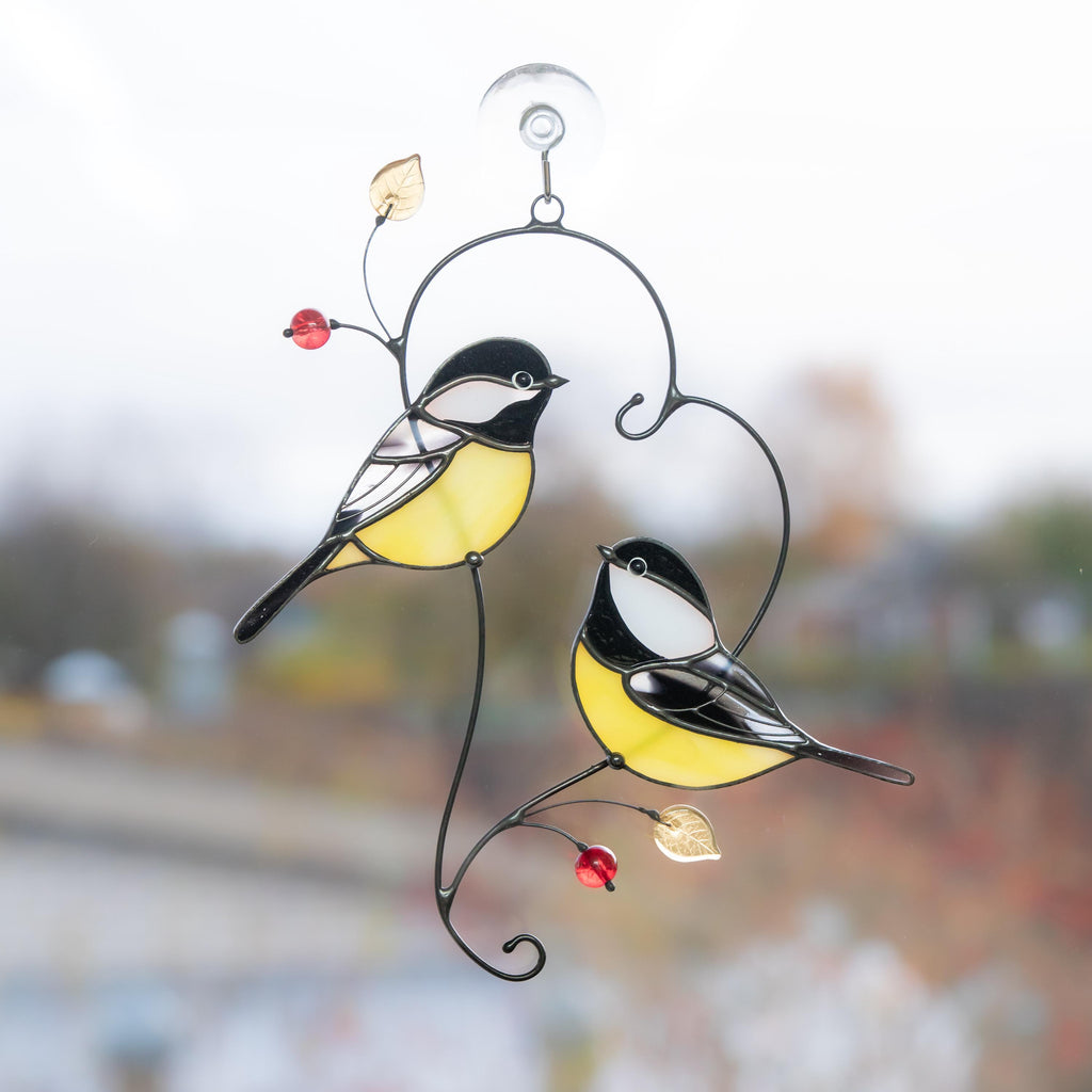 Couple of chickadees stained glass suncatcher Mothers Day gift ideas Bird wall art