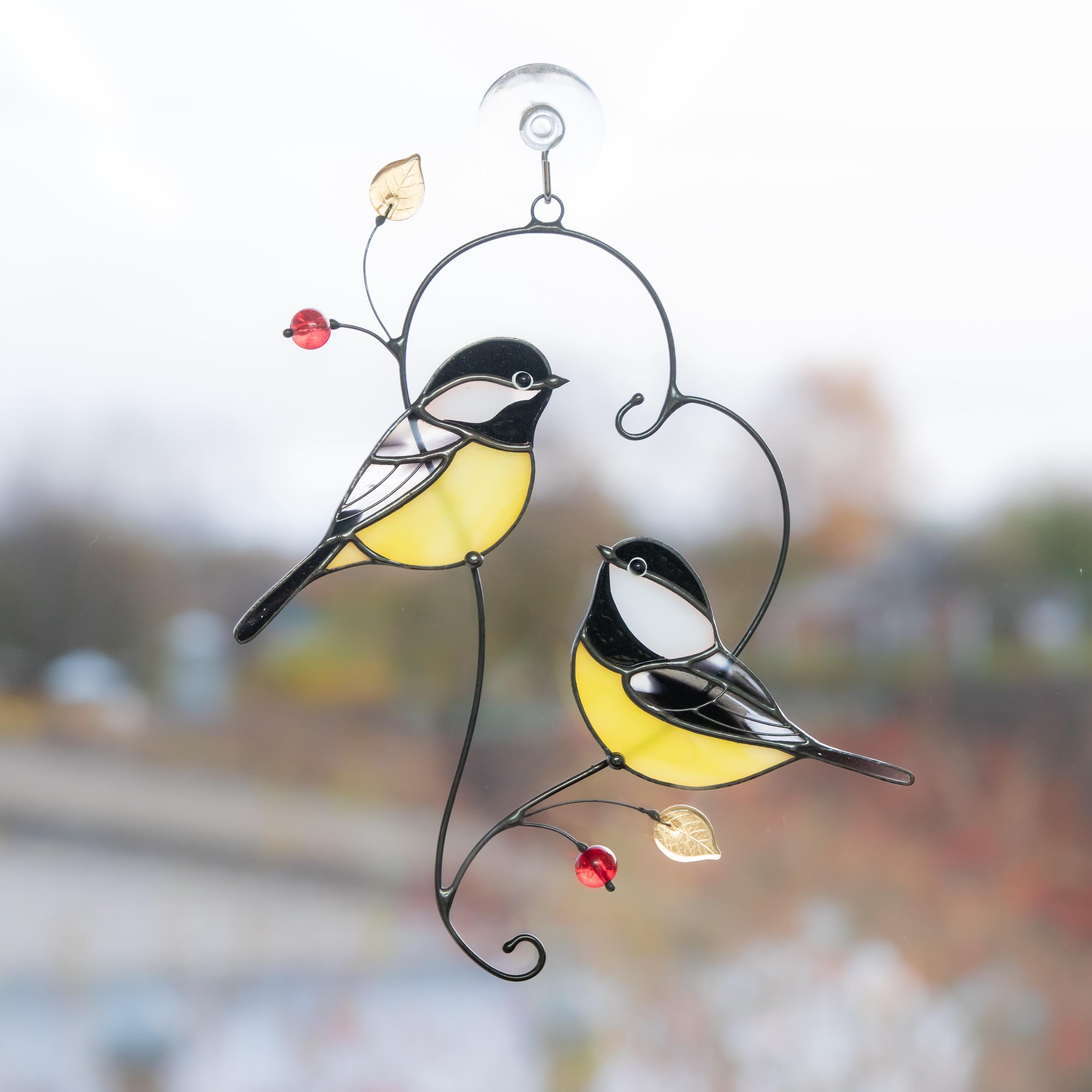 Couple of chickadees stained glass suncatcher Mothers Day gift ideas Bird wall art