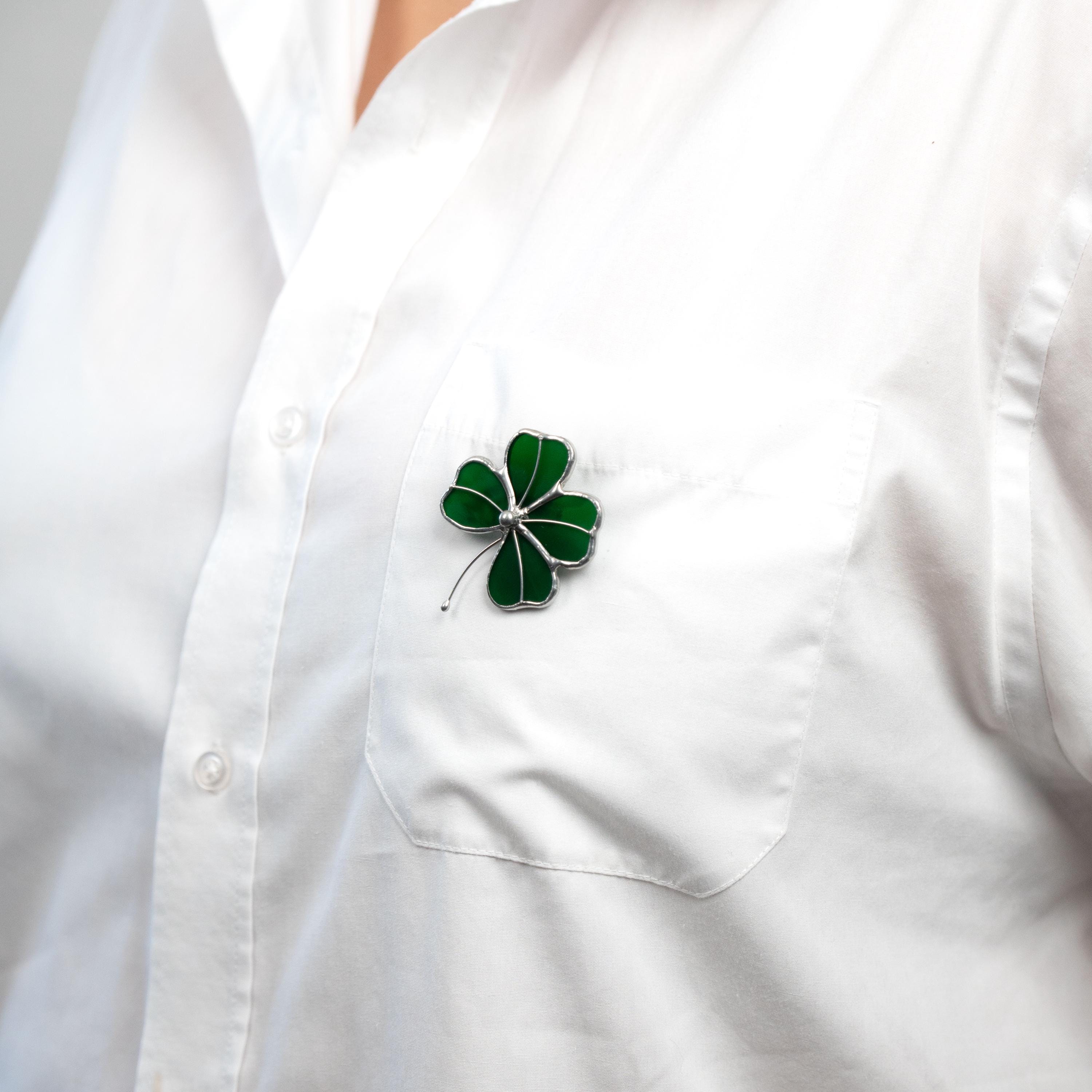 Four leaf clover stained glass brooch St Patricks Day Irish jewelry