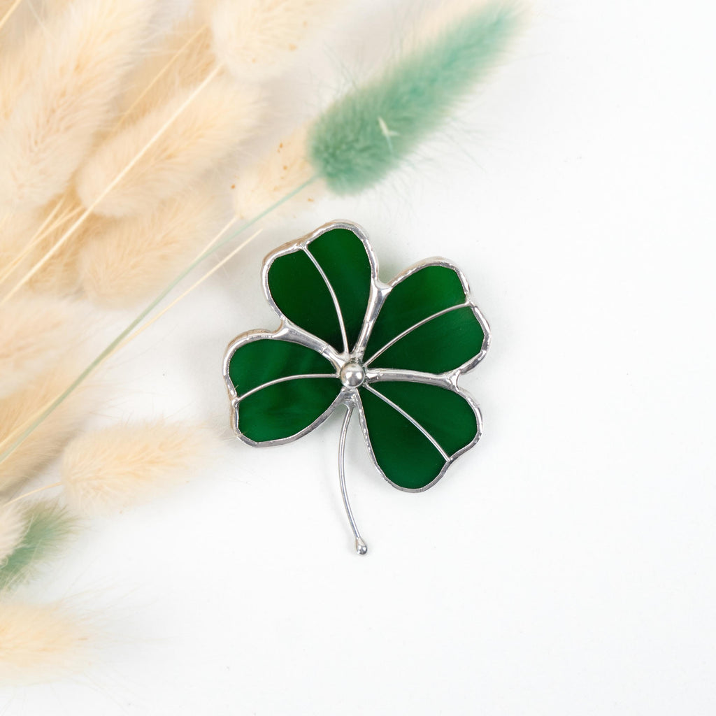 Four leaf clover stained glass brooch St Patricks Day Irish jewelry