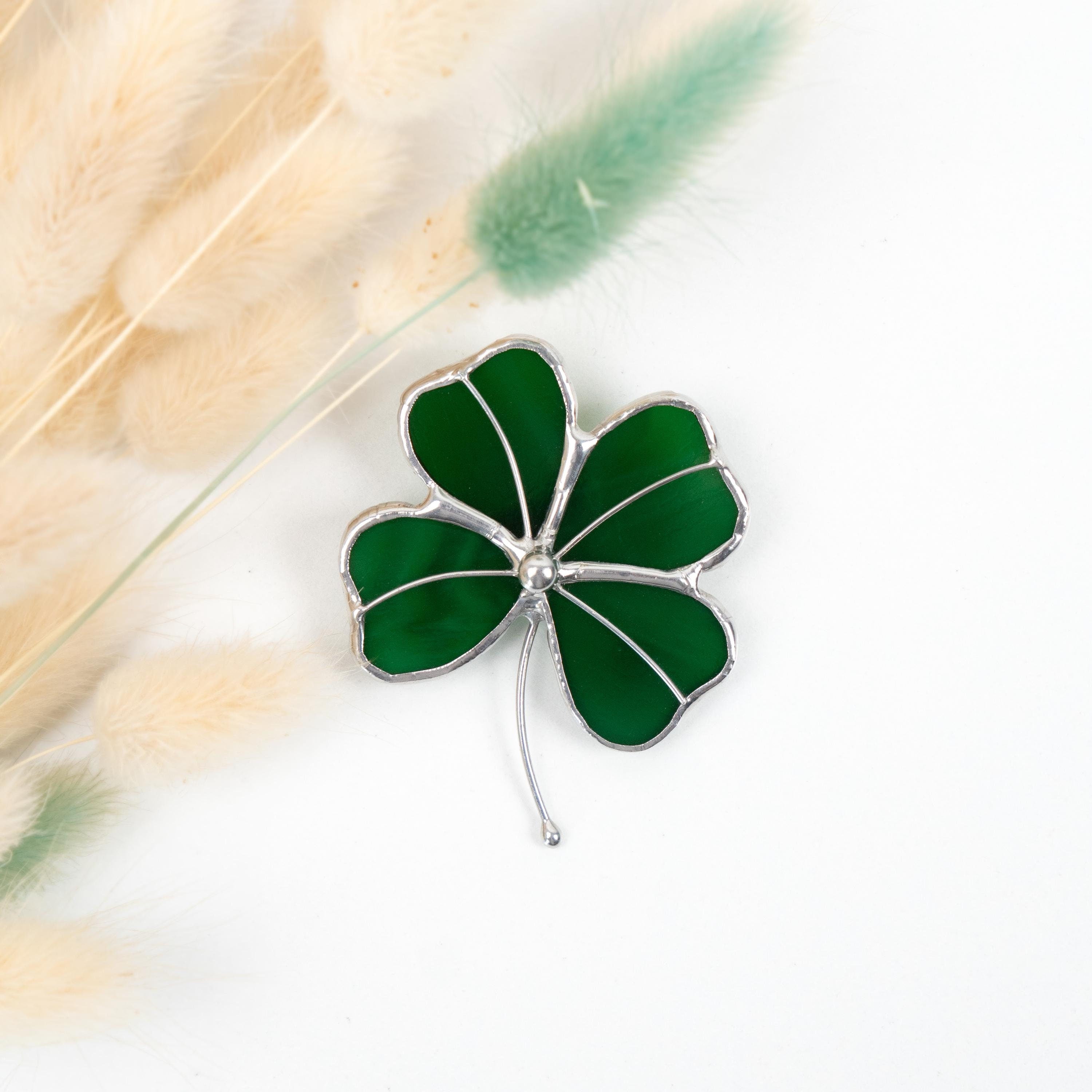 Four leaf clover stained glass brooch St Patricks Day Irish jewelry