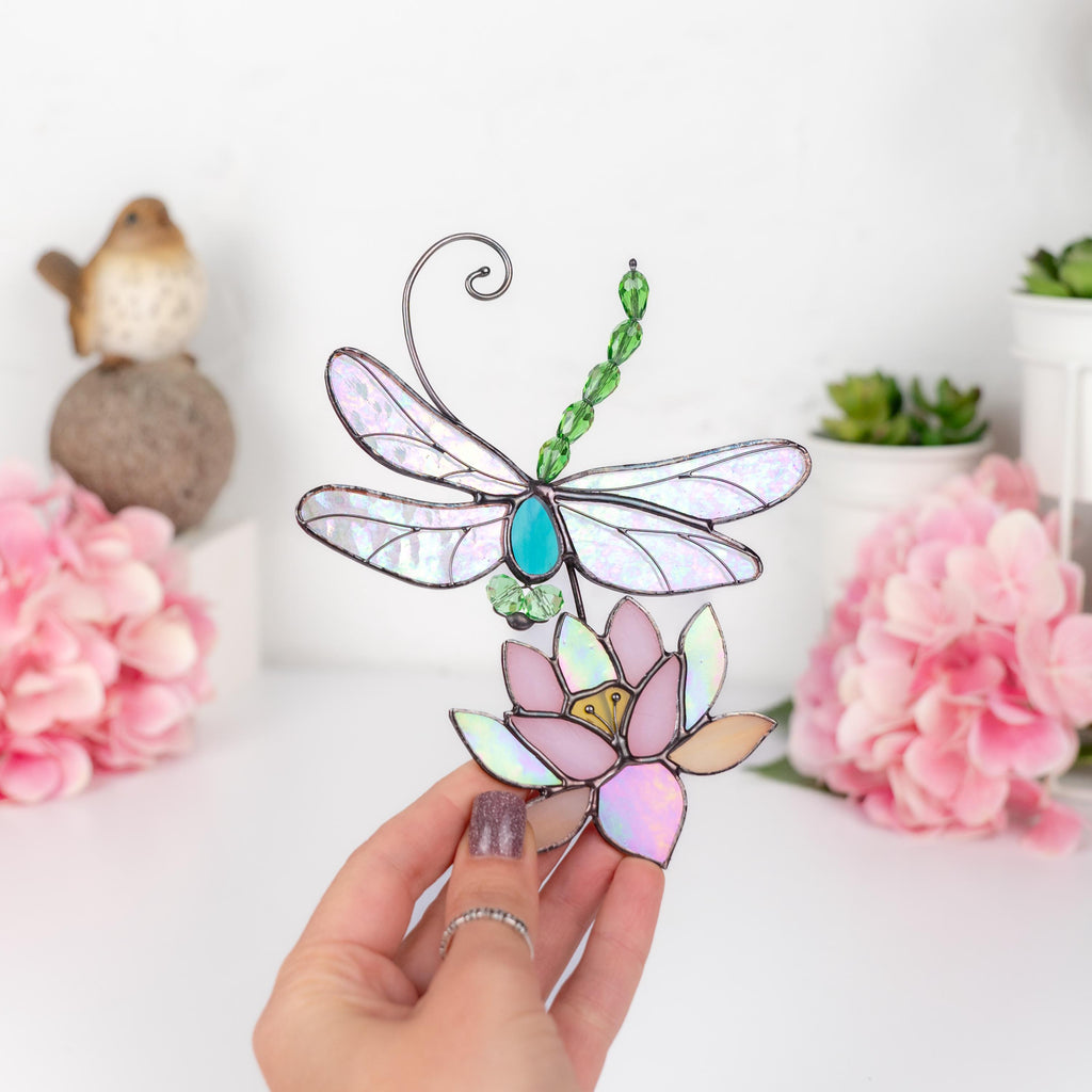 Modern stained glass dragonfly Godmother gift House warming gifts new home Custom stained glass lotus flower Dragonfly decor