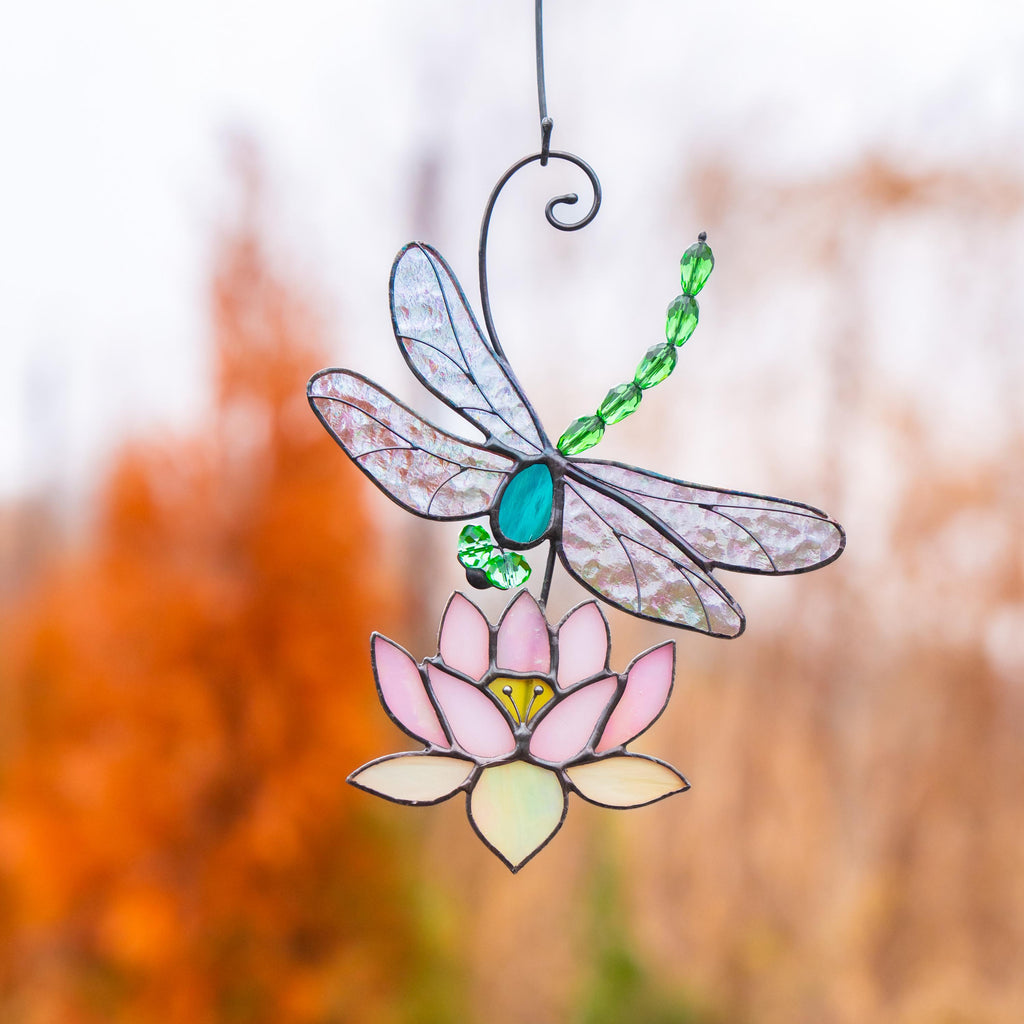 Modern stained glass dragonfly Godmother gift House warming gifts new home Custom stained glass lotus flower Dragonfly decor