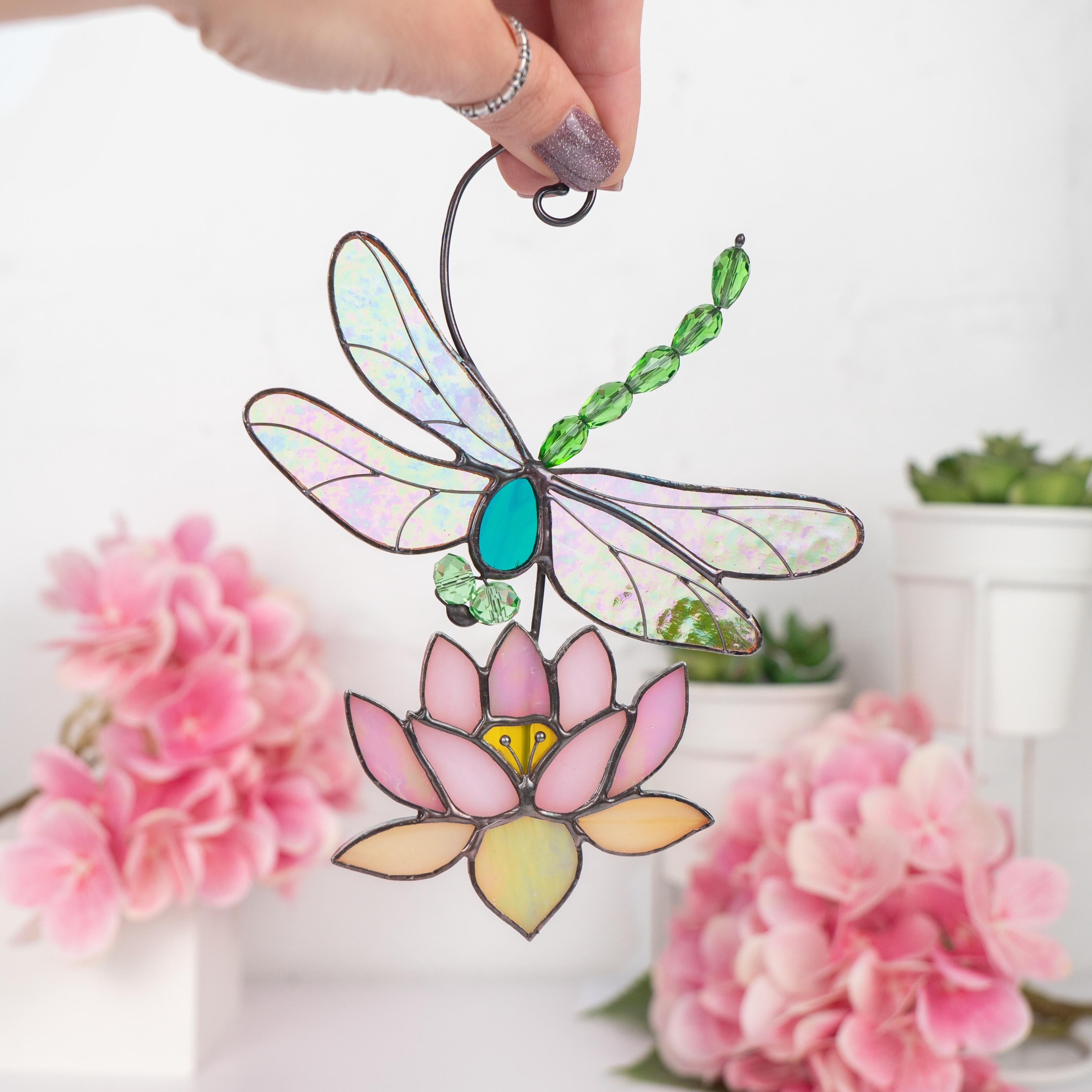 Modern stained glass dragonfly Godmother gift House warming gifts new home Custom stained glass lotus flower Dragonfly decor