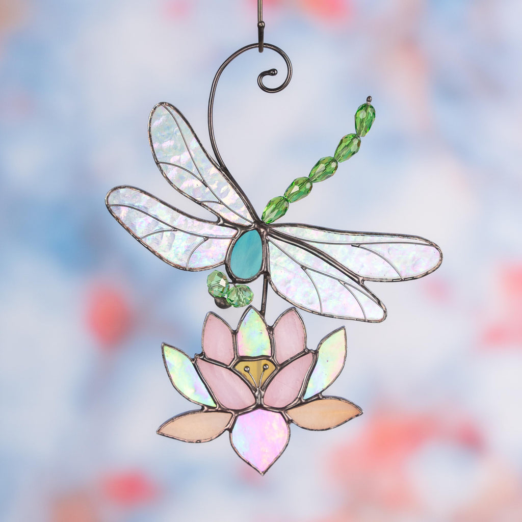 Modern stained glass dragonfly Godmother gift House warming gifts new home Custom stained glass lotus flower Dragonfly decor