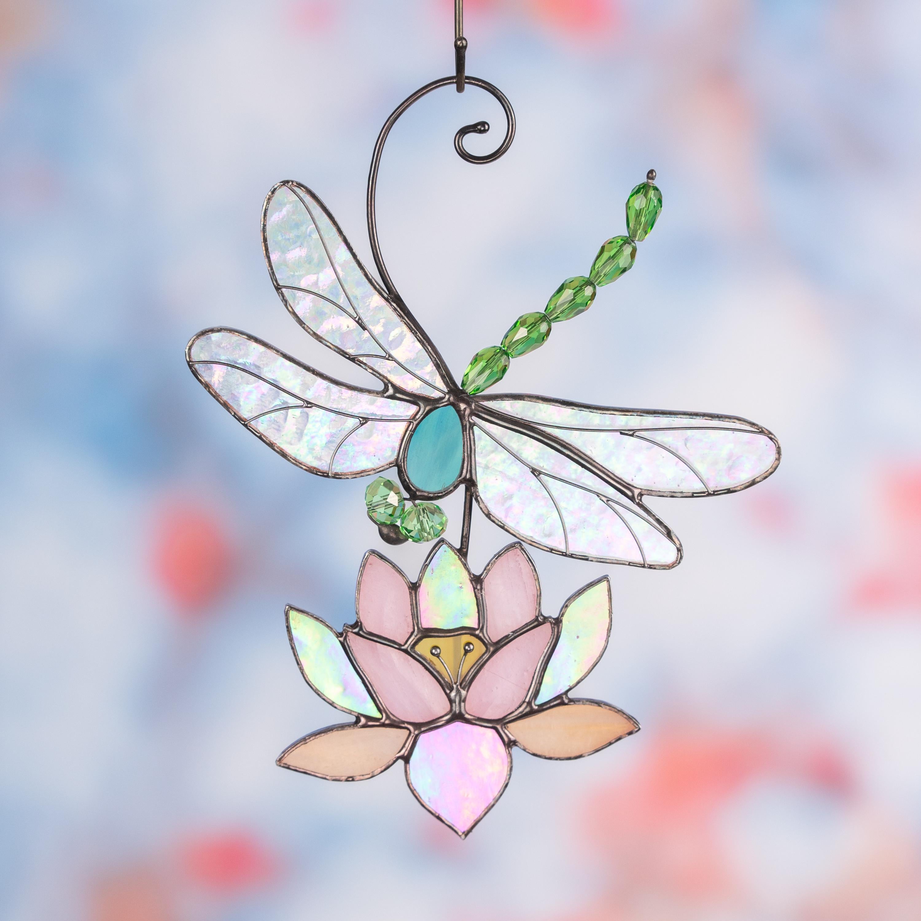 Modern stained glass dragonfly Godmother gift House warming gifts new home Custom stained glass lotus flower Dragonfly decor