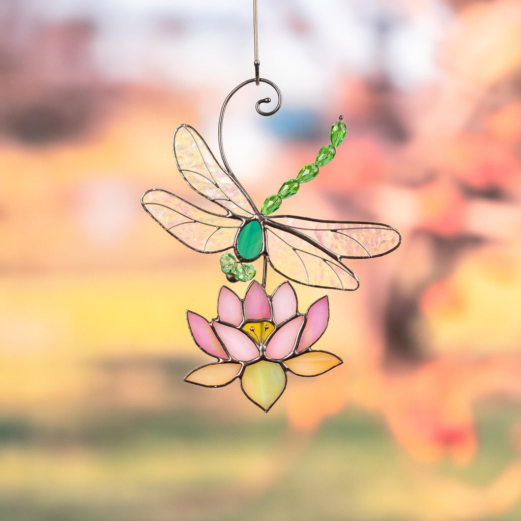 Modern stained glass dragonfly Godmother gift House warming gifts new home Custom stained glass lotus flower Dragonfly decor