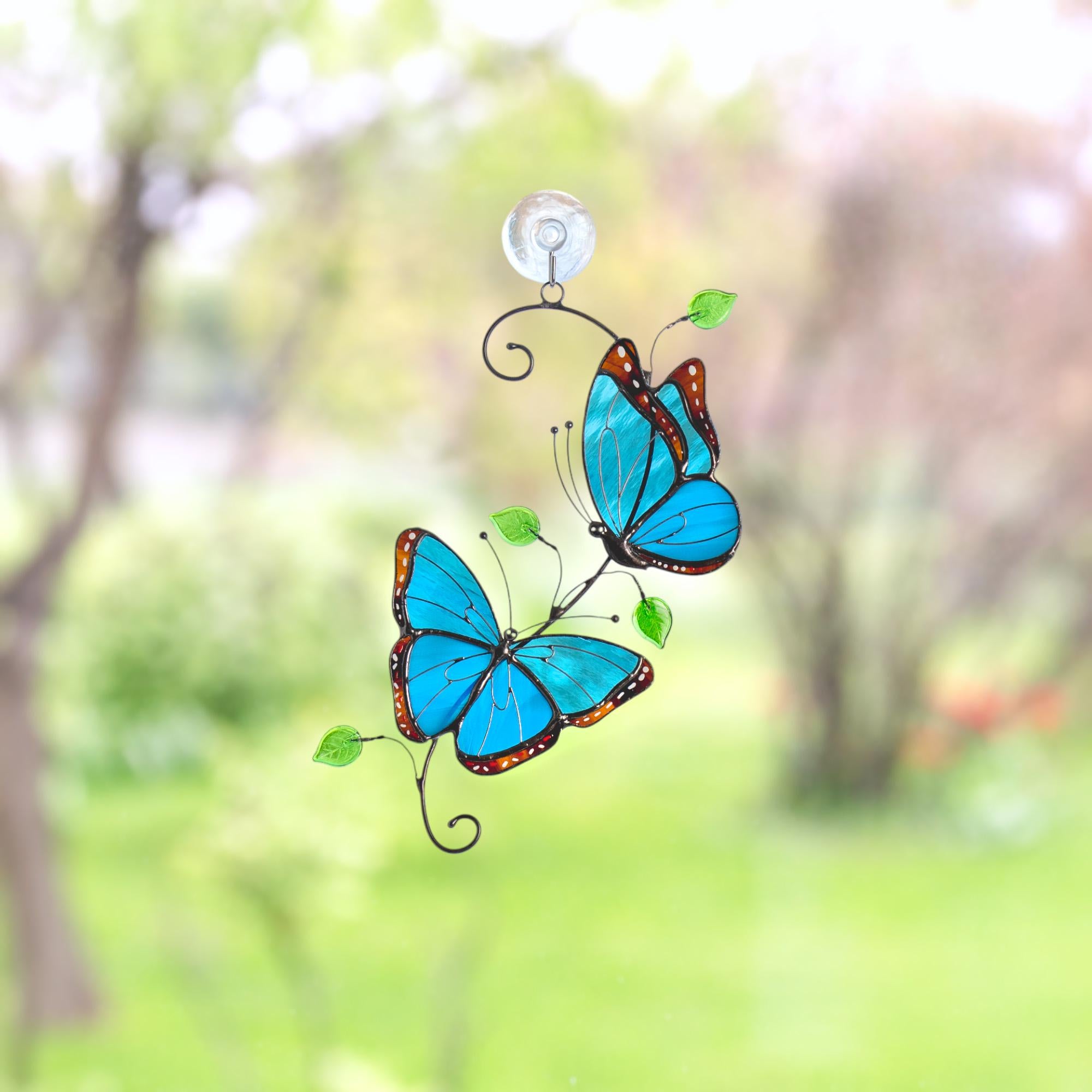 Blue Morpho butterfly stained glass window hangings Godmother gift Patio decor Yard art suncatcher