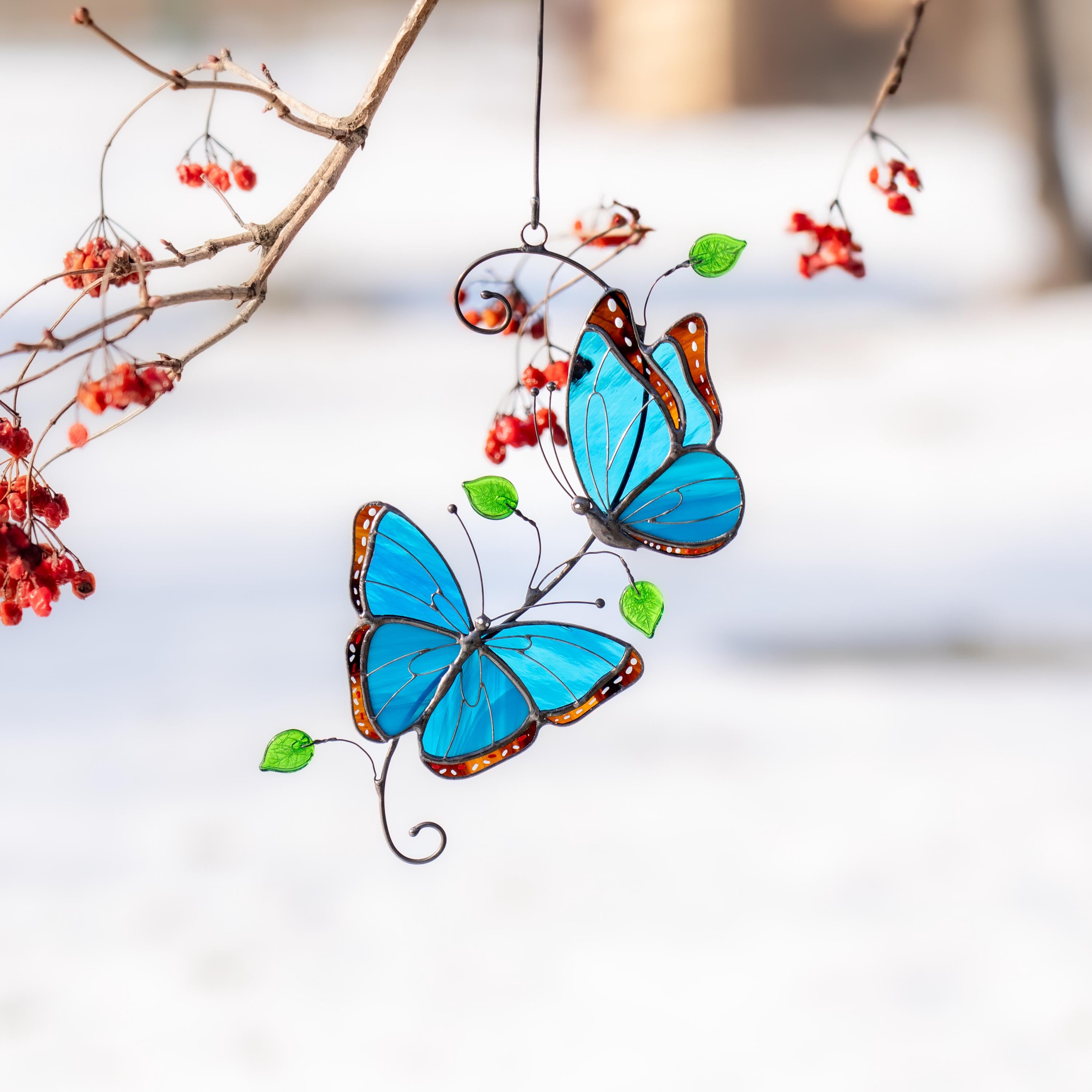 Blue Morpho butterfly stained glass window hangings Godmother gift Patio decor Yard art suncatcher